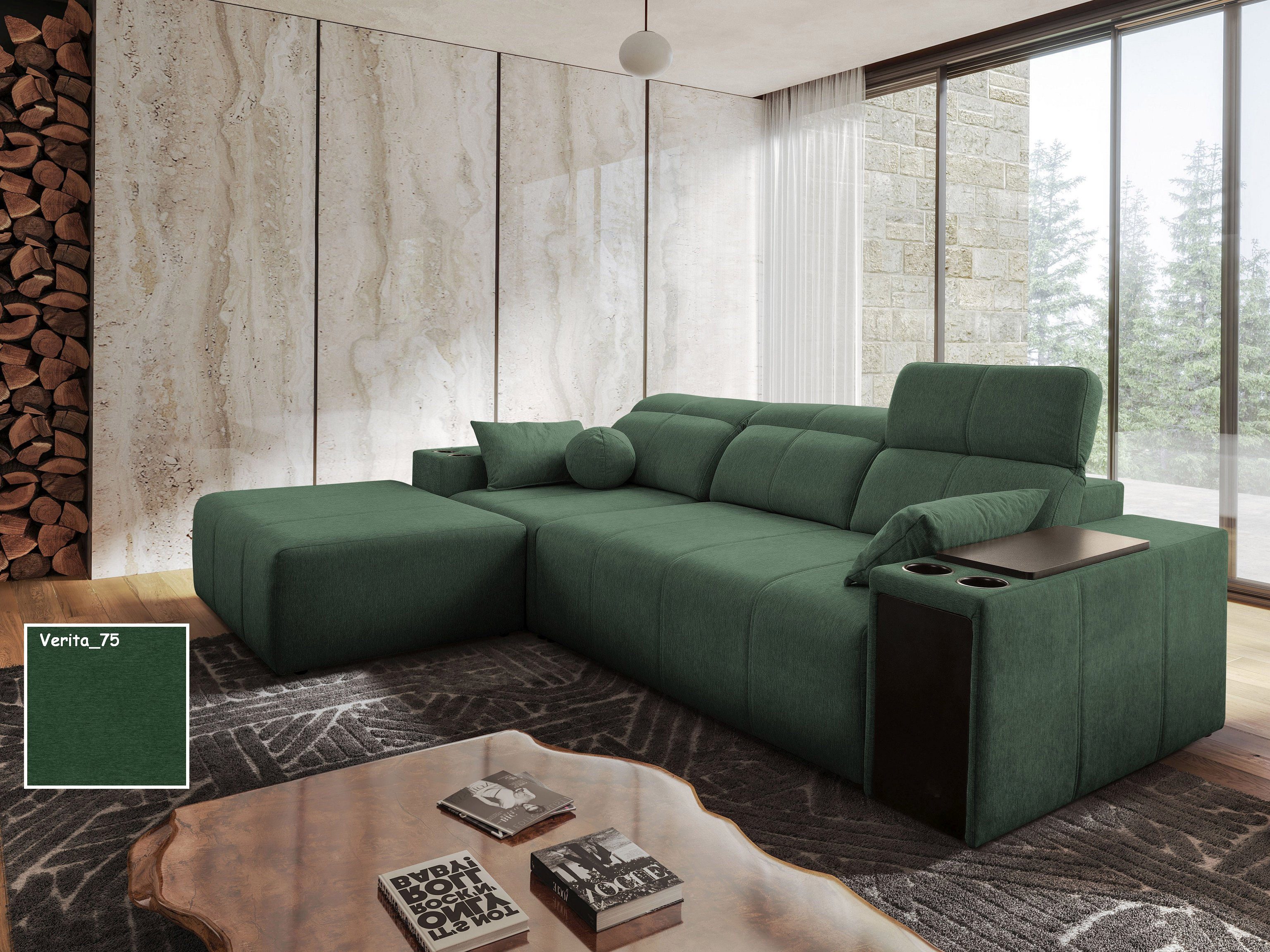 Möbel für Dich Ecksofa Ecksofa Mindy 1 – auch als Dreiersofa mit Hocker aufstellbar, mit Sitztiefenverstellung, USB, Minibar, Schlaffunktion, Bettkasten
