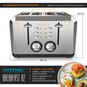 Arendo Toaster, 4 kurze Schlitze, für 4 Scheiben, 1630 W, Automatik, Edelstahl, Wärmeisolierendes Doppelwandgehäuse