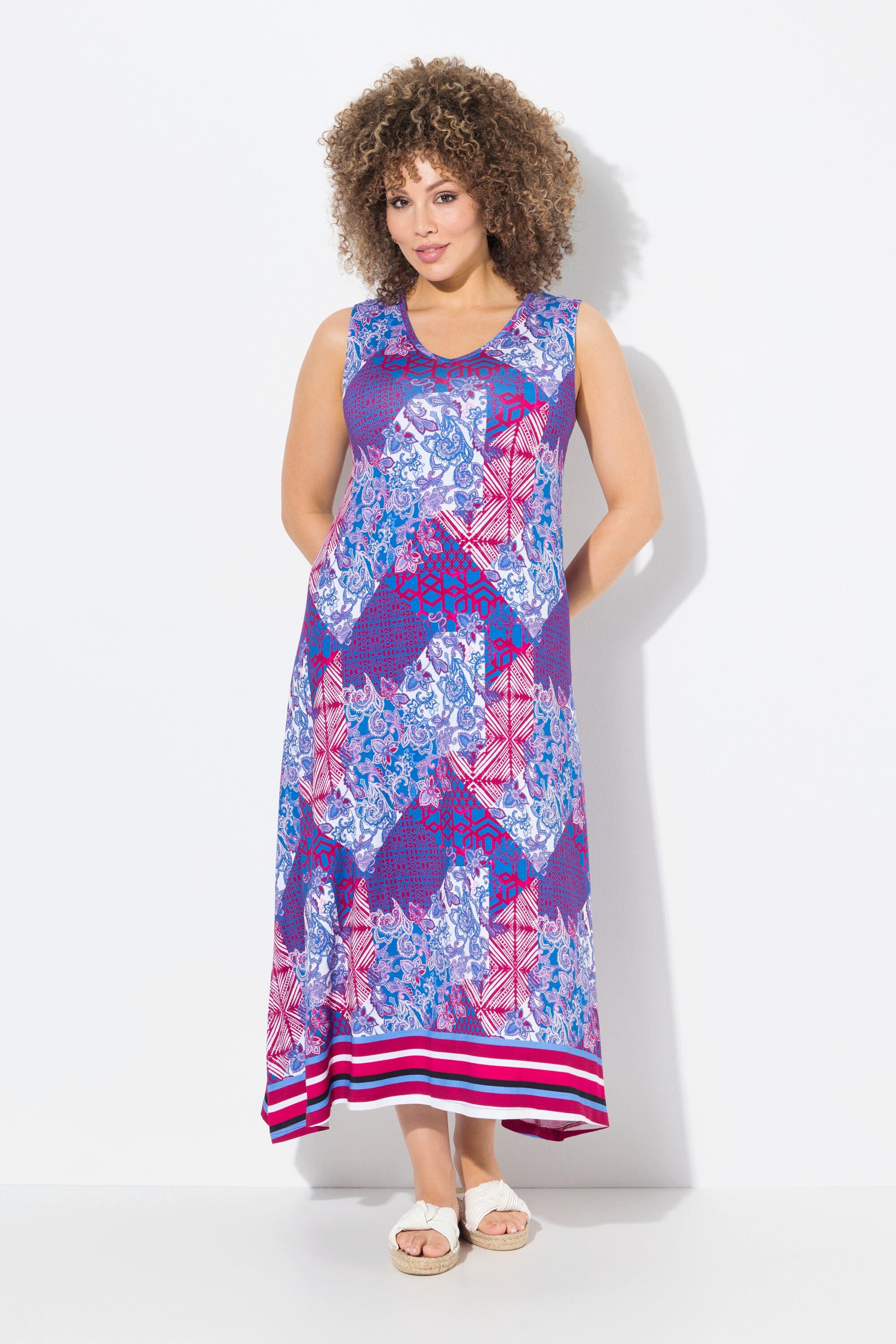 Ulla Popken Jerseykleid Maxikleid Patchdruck A-Linie V-Ausschnitt ärmellos günstig online kaufen