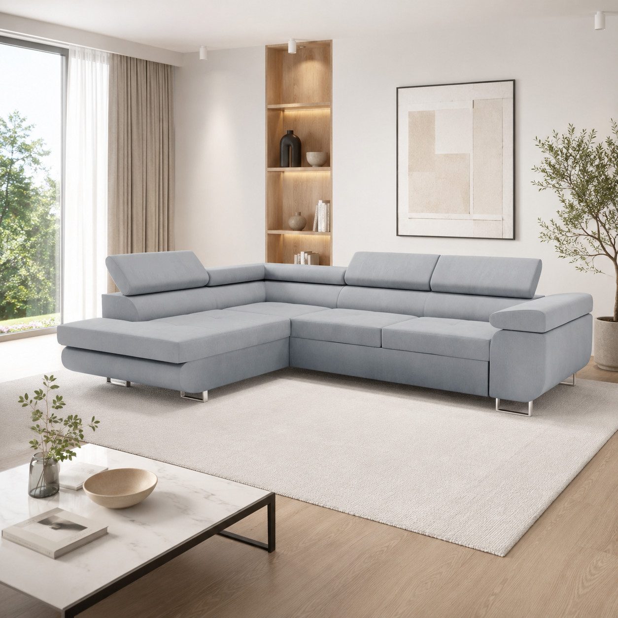 Goldstoff Ecksofa mit Schlaffunktion & Bettkasten - hochwertiges Sofa, Couch mit Schlaffunktion für Wohnzimmer - Schlafsofa - Eckcouch, Eckcouch mit praktischem Bettkasten in beige