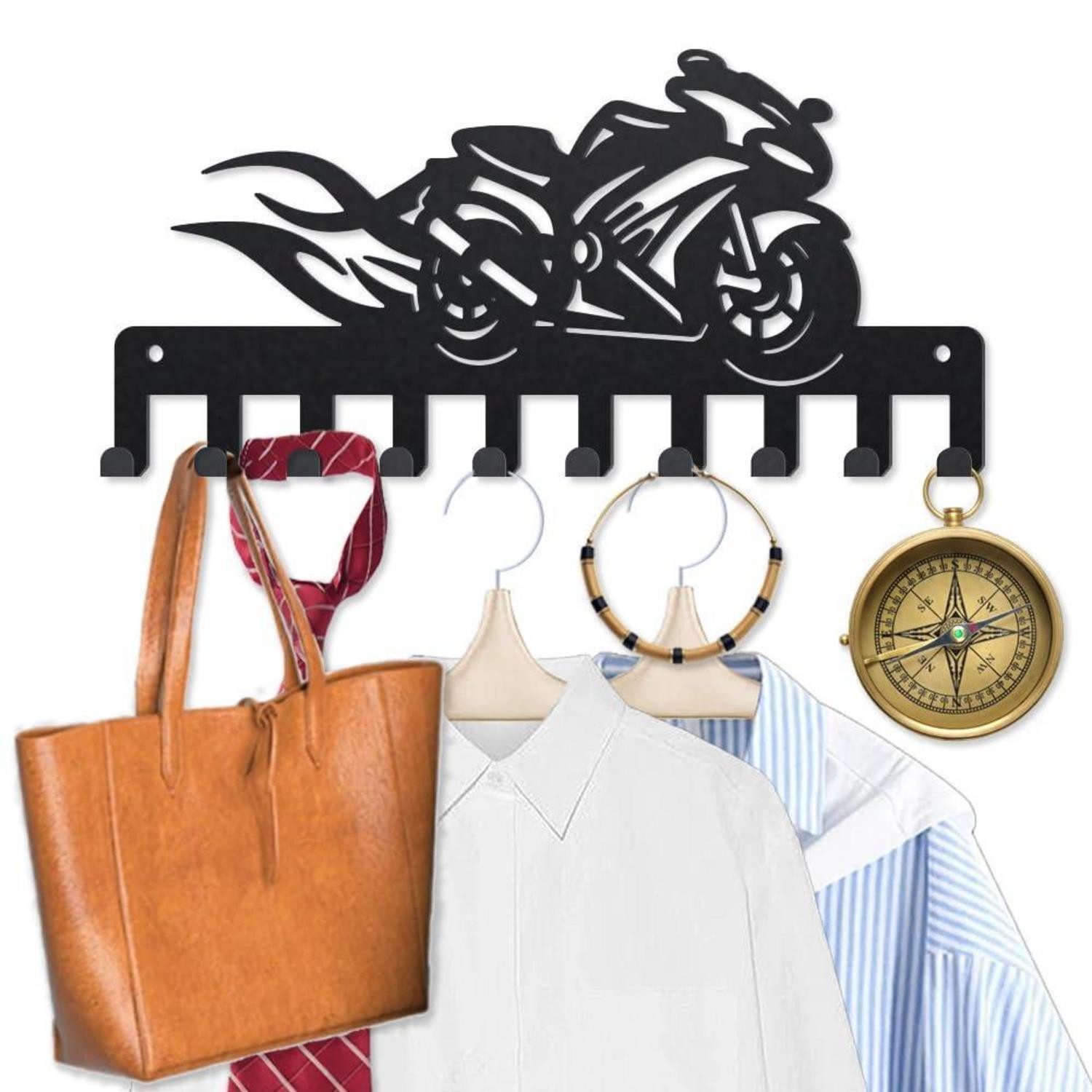 LuxusKollektion Schlüsselbrett Kleiderhaken Motorrad Flamme 10 Haken 40x25cm Metall