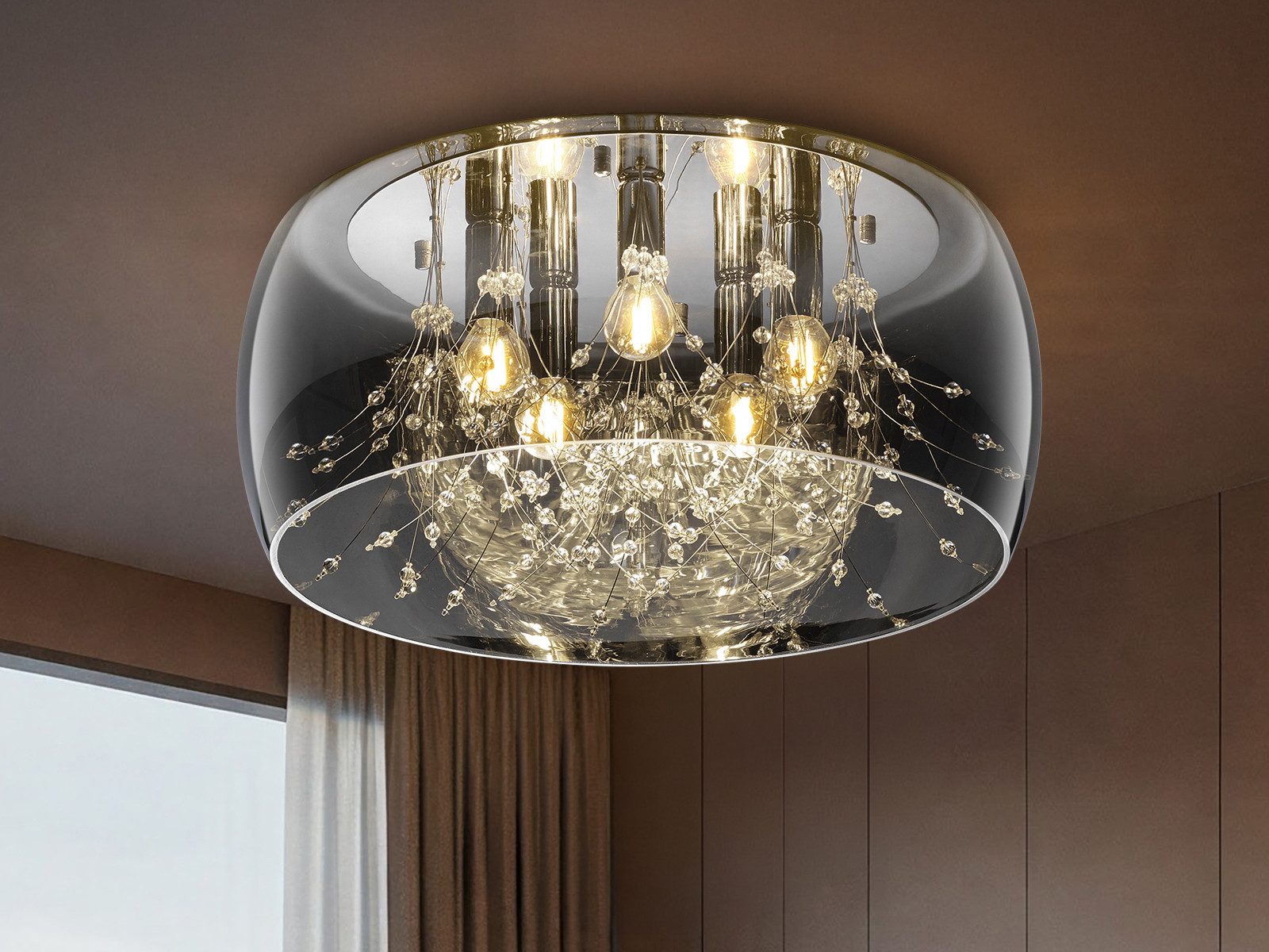 TRIO Leuchten LED Deckenleuchte, Dimmfunktion, LED wechselbar, Warmweiß, groß-e Lampenschirm Rauchglas Designer-lampen über-n Esstisch, Ø50cm