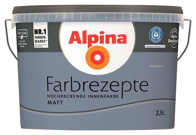 Farbrezepte Alpina Wand- 2,5 Liter und Nordmeer, matt, Stimmungsvolles, Graublau, ruhiges Deckenfarbe