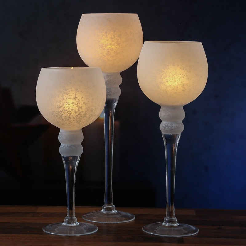 MARELIDA Windlicht Kerzenhalter Kelch FROST Glas 3 Höhen Windlicht satiniert weiß 3er Set (3 St)