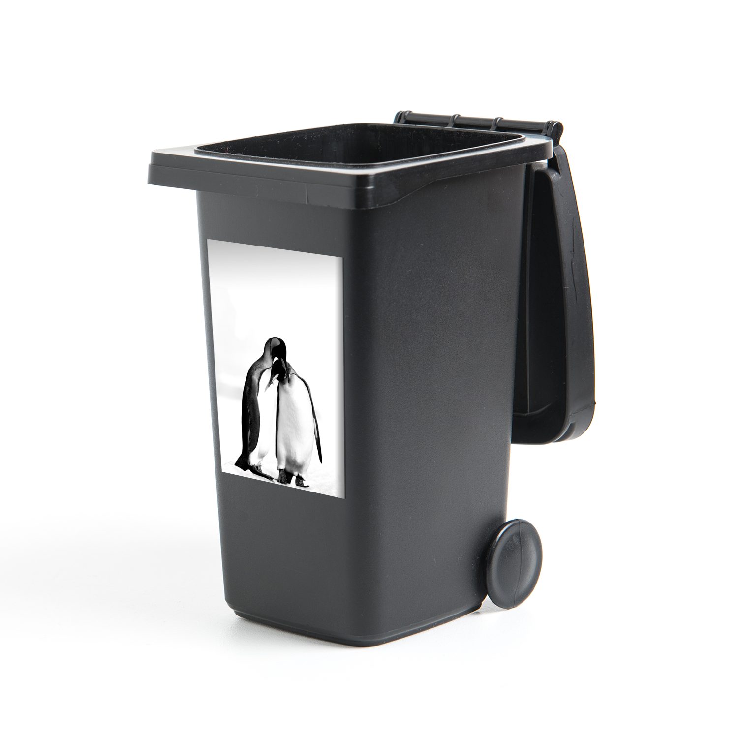 MuchoWow Wandsticker Zwei knuddelige Pinguine - schwarz und weiß (1 St), Mülleimer-aufkleber, Mülltonne, Sticker, Container, Abfalbehälter