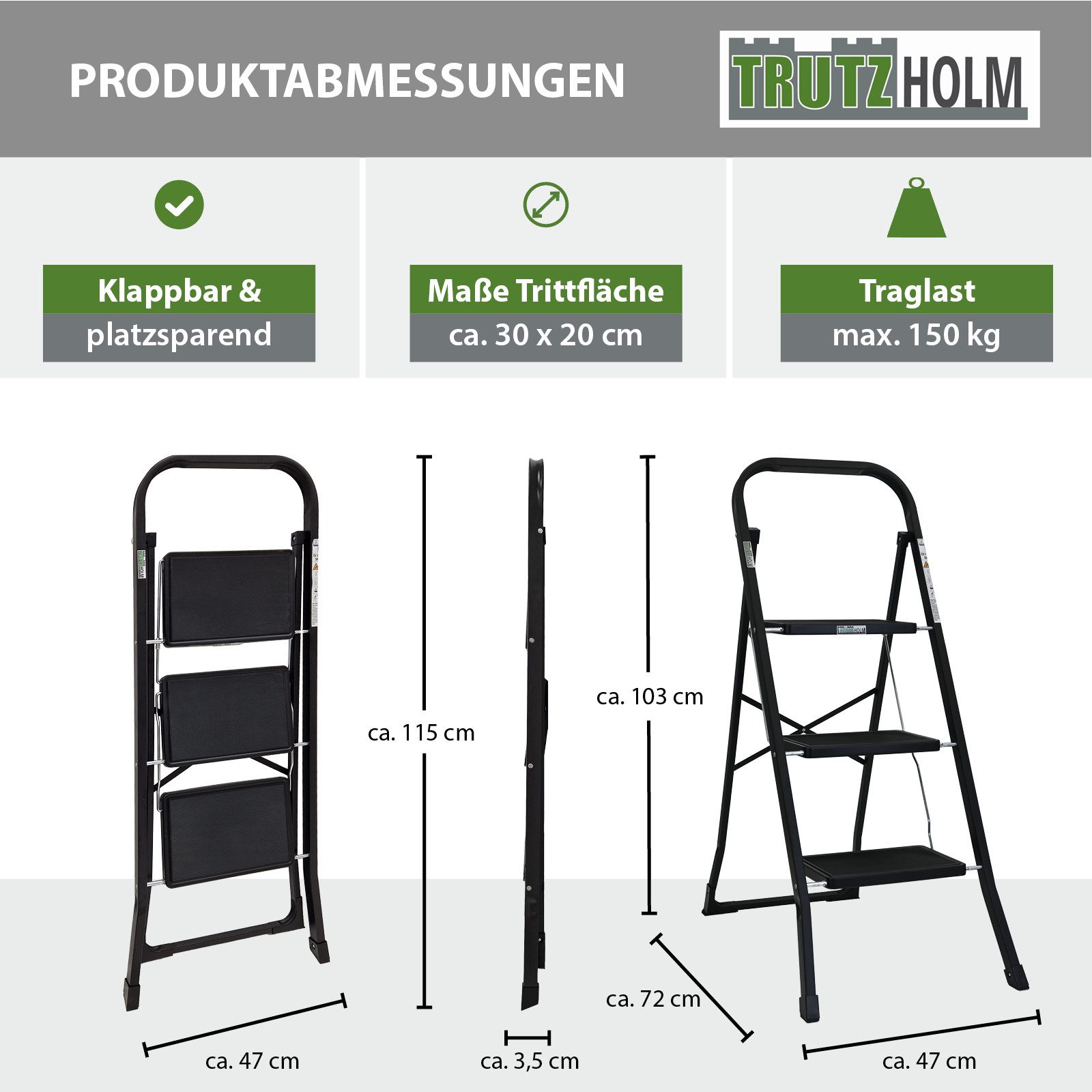 TRUTZHOLM Klapptritt Trittleiter 3-stufig klappbar TÜV/GS 150 kg Anti-Rutsch in schwarz – Bild 3 von 5