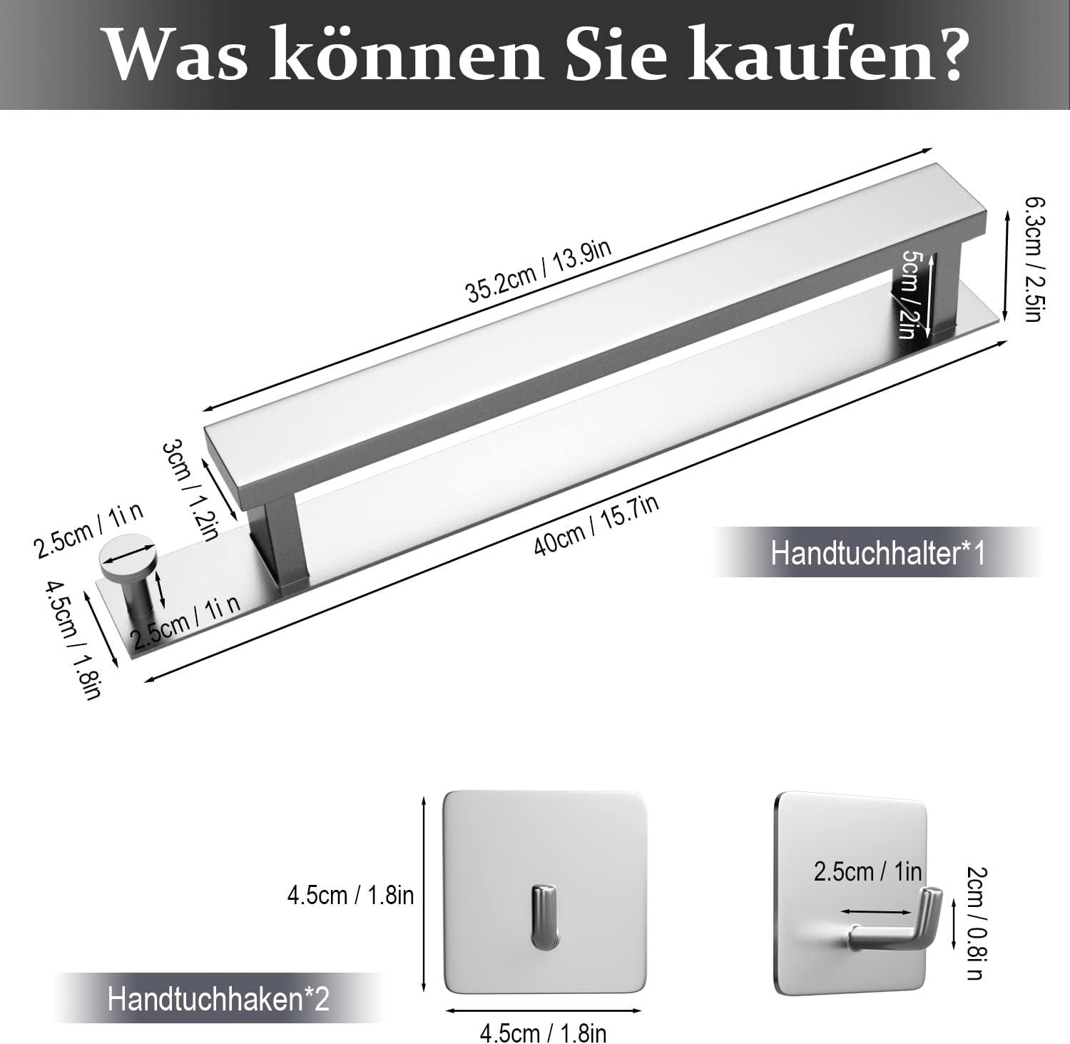 Refined Living Handtuchhaken Ohne Bohren Handtuchhalter Selbstklebend für Bad mit 2 Handtuchhaken, (40 cm, für Badezimmer und Küche, Set, Rostfreier Edelstahl,H – Bild 5 von 5