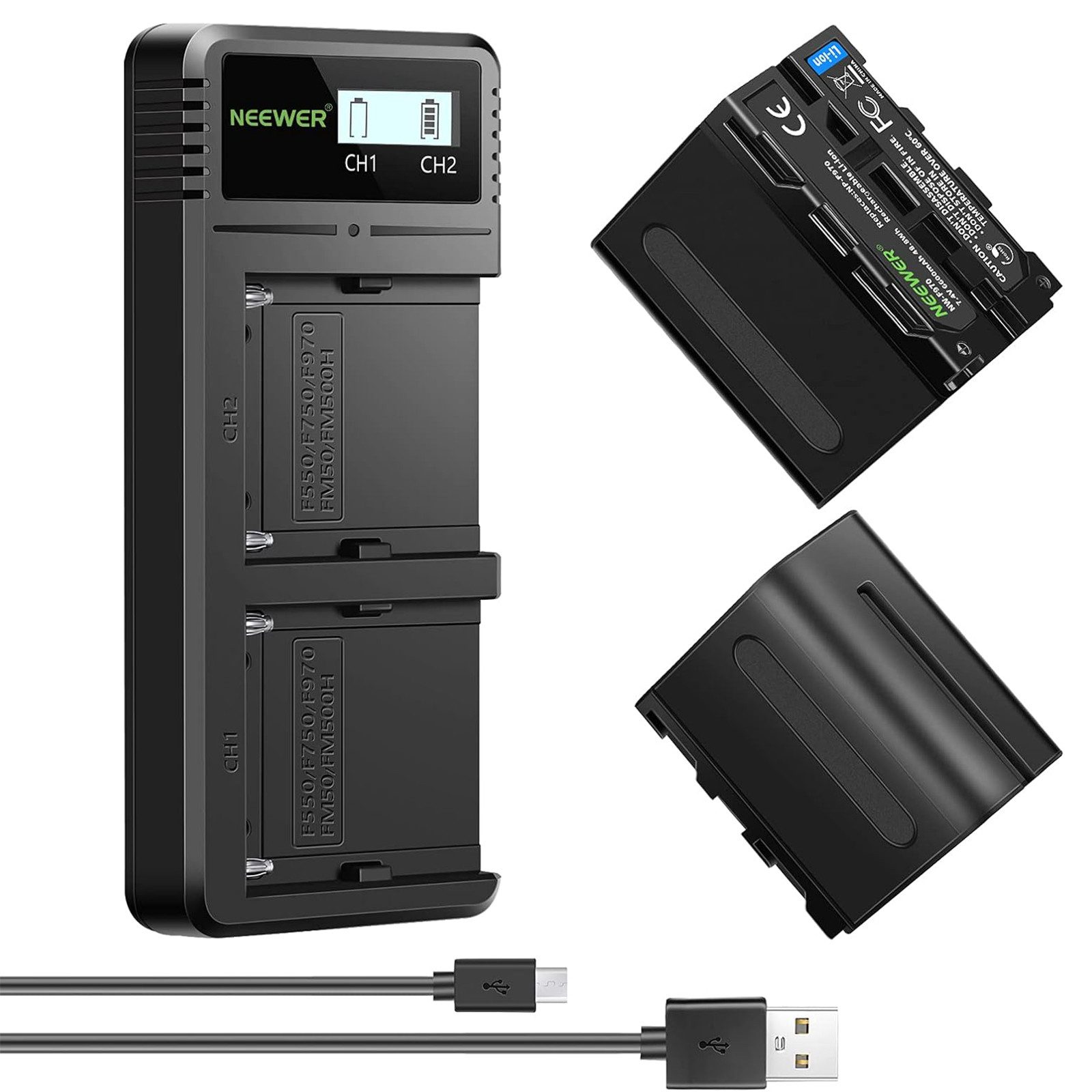Neewer NW-F970 DQ-F970 Ladegerät Dual USB, mit 2 Stk Ersatzakkus NP-F970 Kamera-Akku 6600 mAh, 6600mAh, Schnellladegerät für Sony Kamera NEEWER LED Licht Monitor