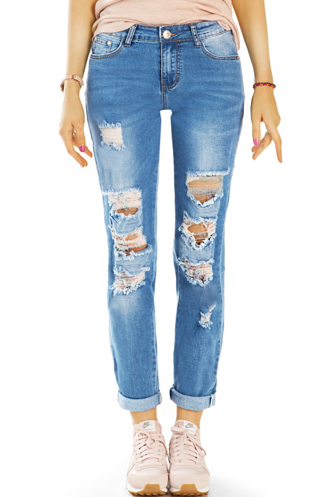 - Hose styled be 5-Pocket-Style mit Slim - fit Destroyed Damen Medium Stretch-Anteil, Slim-fit-Jeans Waist zerrissene Jeans, j17i