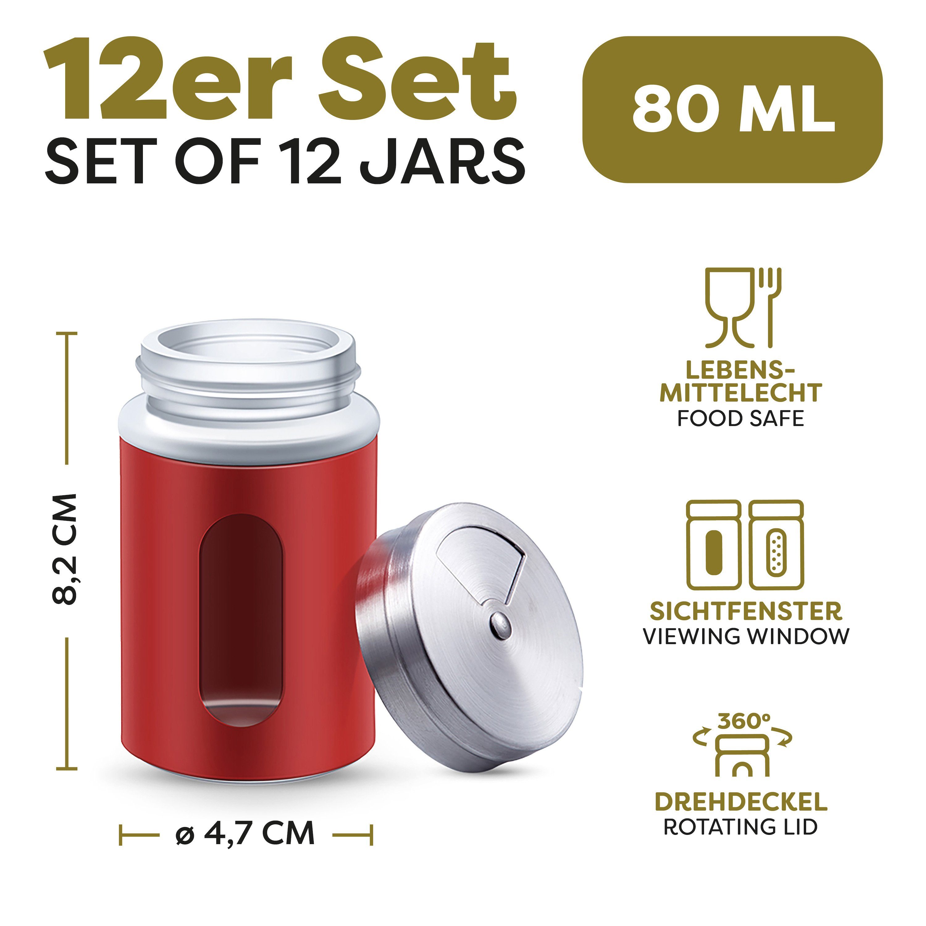 Praknu Salzstreuer 12 Gewürzdosen Rot I Gewürzstreuer Edelstahl Set 80ml, (Set, 12-tlg), Mit Sichtfenster und 3fach Streuregulierung - Gewürzgläser für Gewürze