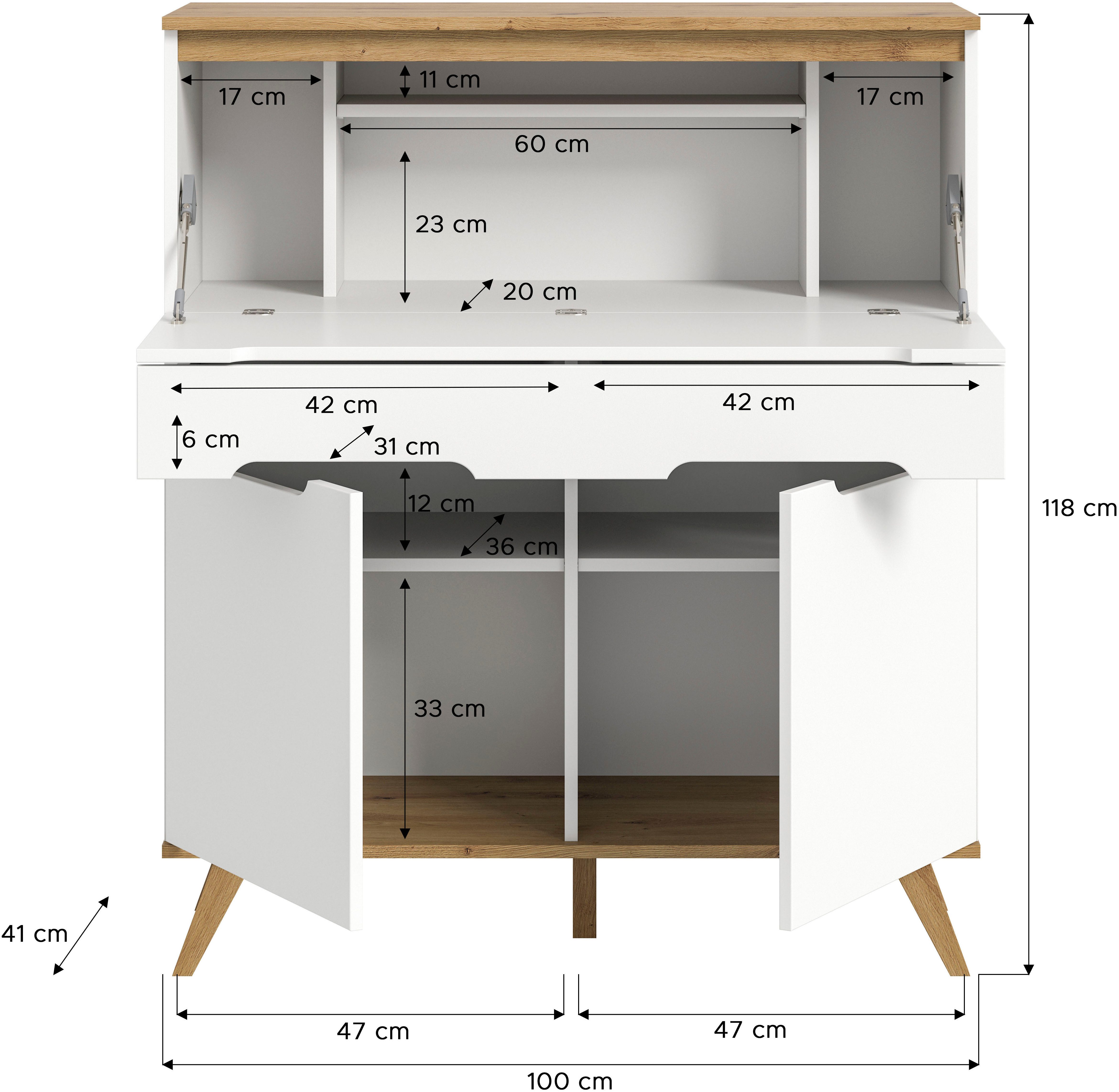 Home affaire Sekretär Alesund, Höhe 118cm, 2 Türen, 1 Schubkasten,konischer Fuß, Scandi-Look, Anrichte, Schrank, Kommode, Midischrank, Wohnmöbel, Wohnzimmer