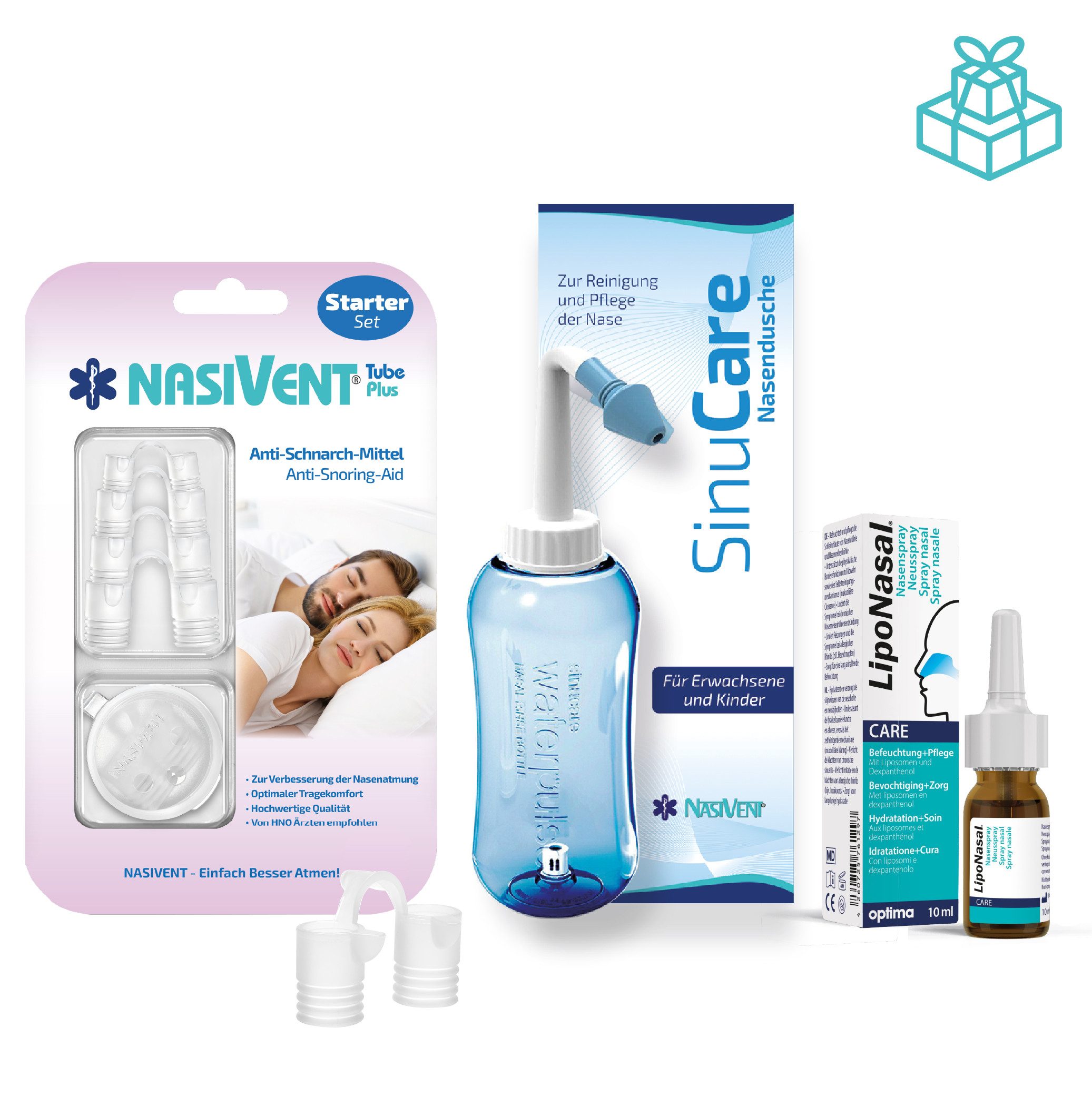 Nasivent Nasenspreizer Spar Set 3 – Nasendilatator Starter Set + Pflege-Spray + Nasendusche