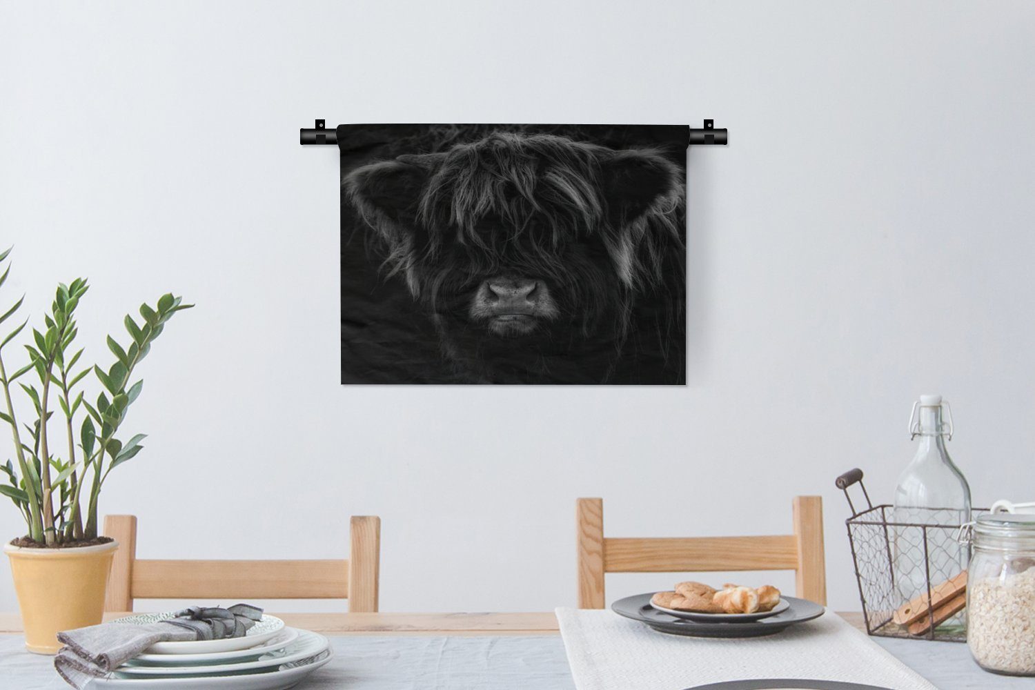 Wohnzimmer, Kleid, Tiere für Kinderzimmer Kuh - Weiß, Wanddeko Schlafzimmer, Porträt - - - Schwarz - Wandbehang, MuchoWow Schottischer Wanddekoobjekt Highlander