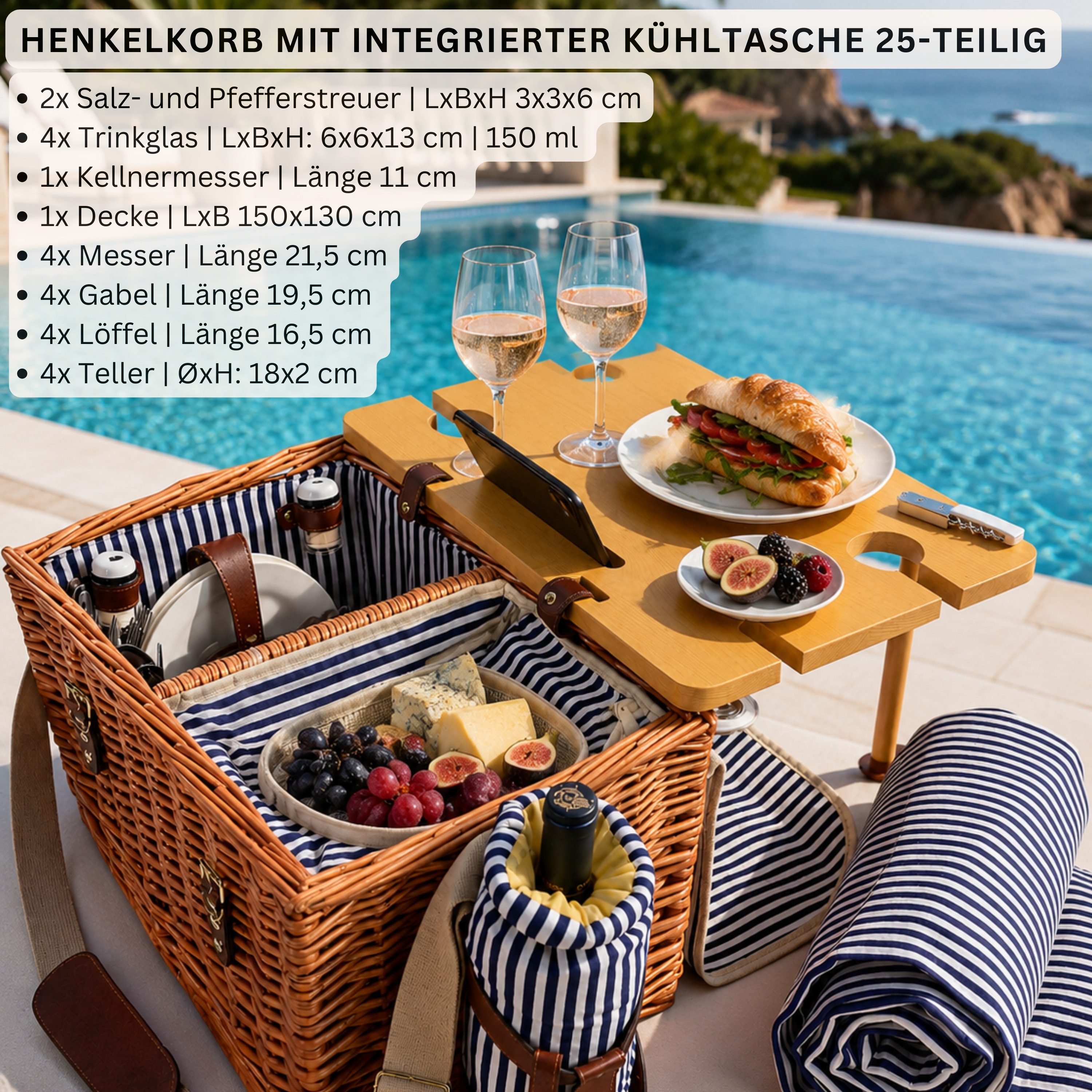 SÄNGER Picknickkorb Borkum (Set, 25 St., Picknickkorb), 4 Personen, integrierter Tisch & Kühltasche