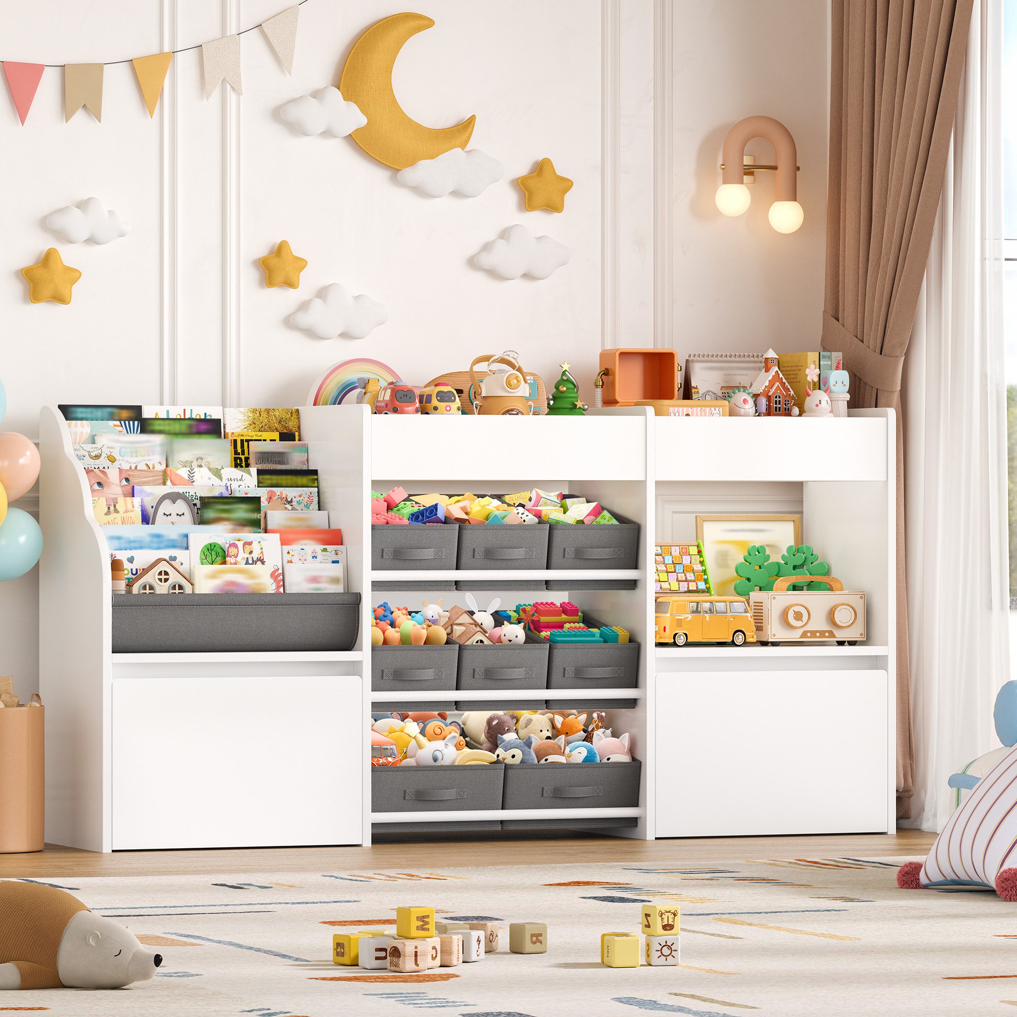 HOMECHO Spielzeugtruhe, Kinderregal mit 8 Boxen auf Rollen Weiß, 158x80x29.7cm