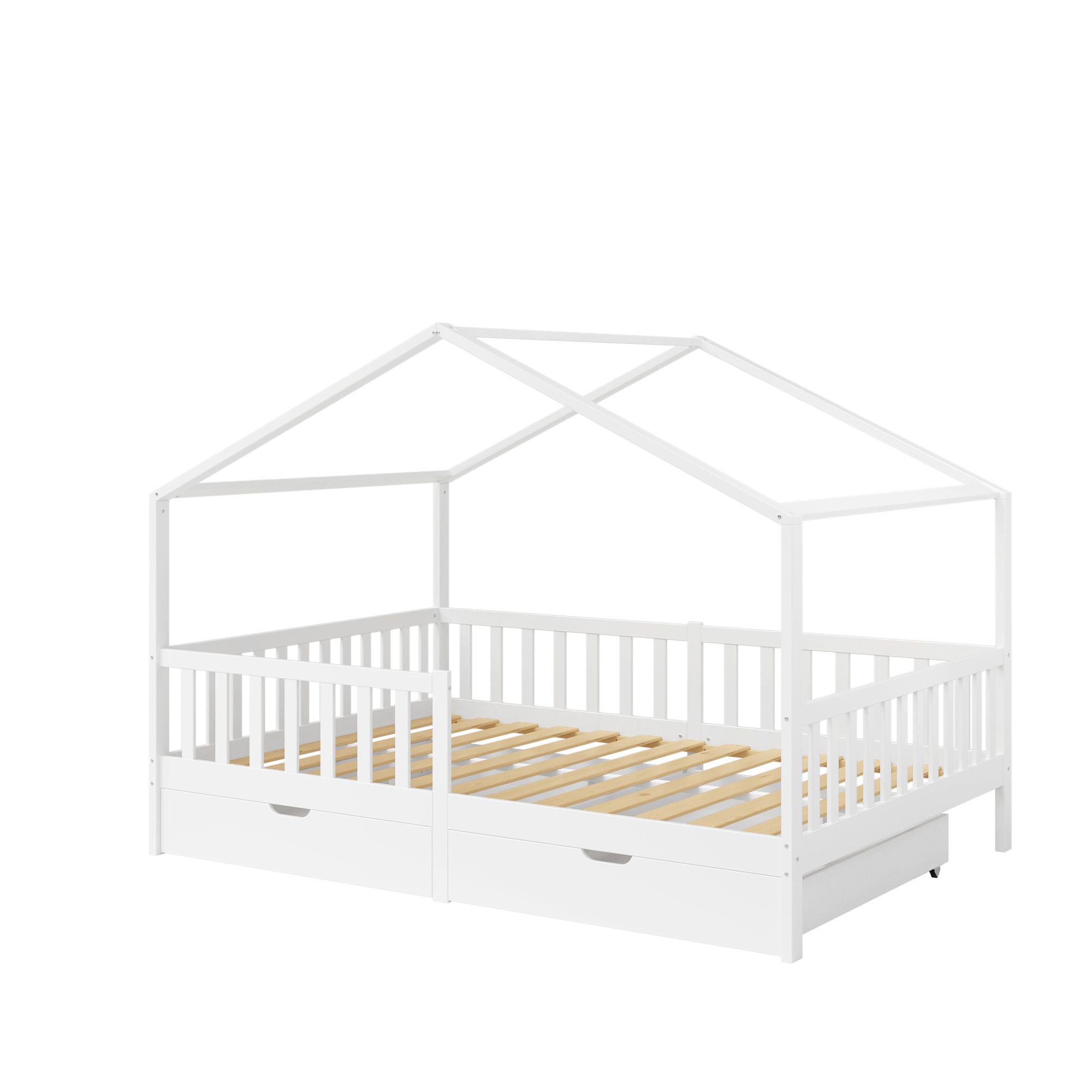 Bellabino Kinderbett Bia mit Rausfallschutz & Lattenrost (weiß, mit zwei Schubladen), Kinderbett aus Kiefernholz, verfügbar in 80x160/90/120/140x200 cm