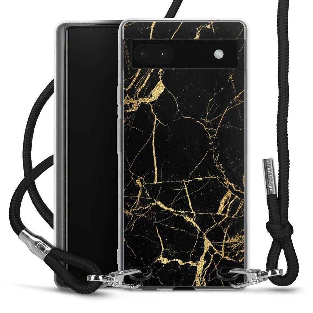 DeinDesign Handyhülle Marmor schwarz Muster BlackGoldMarble Look, Google Pixel 6a Handykette Hülle mit Band Case zum Umhängen