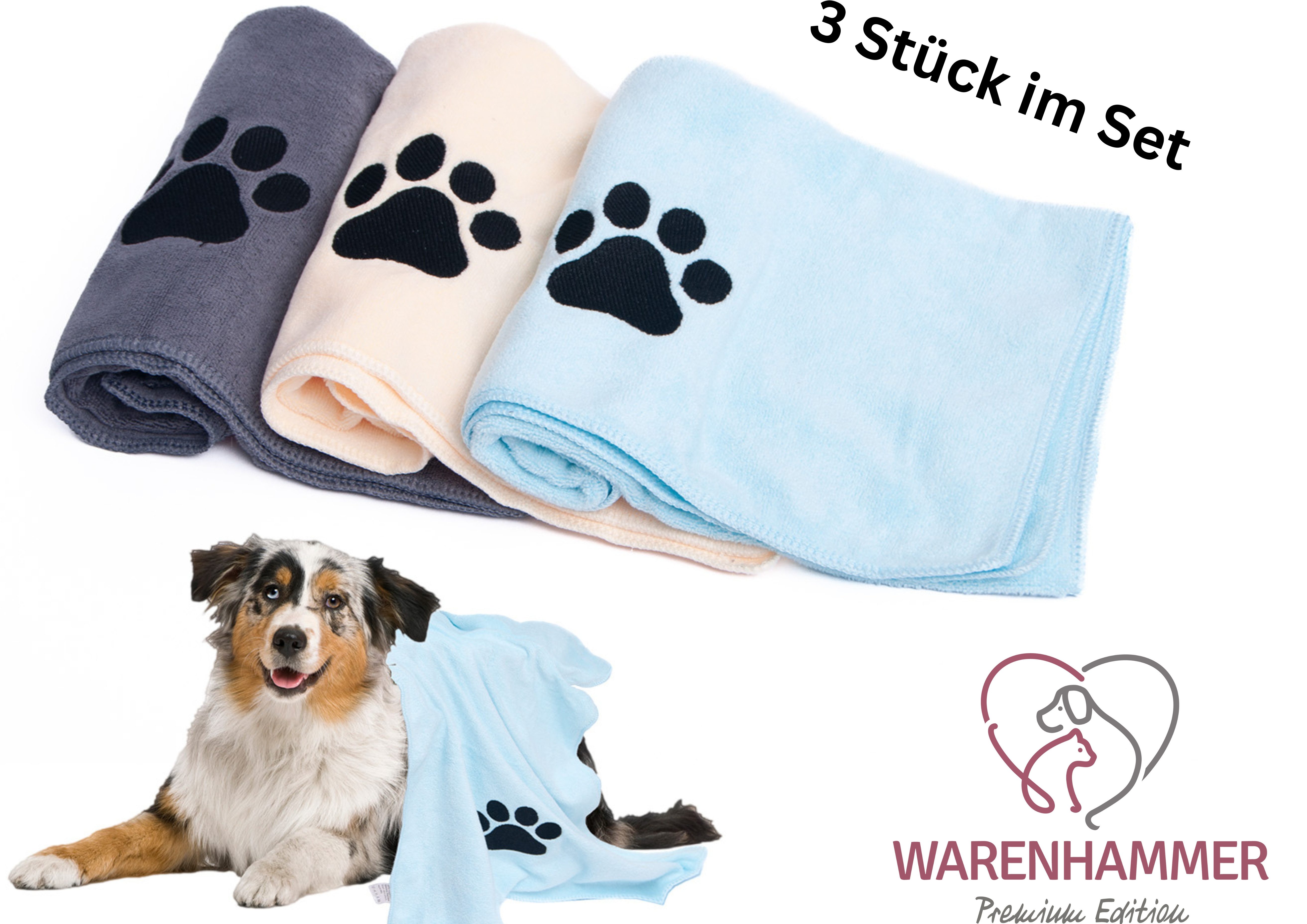 Warenhammer Hundehandtuch Mikrofaser im 3er Set 35x75 cm oder 50x100 cm / verschiedene Farben, Mikrofaser / sehr saugfähig