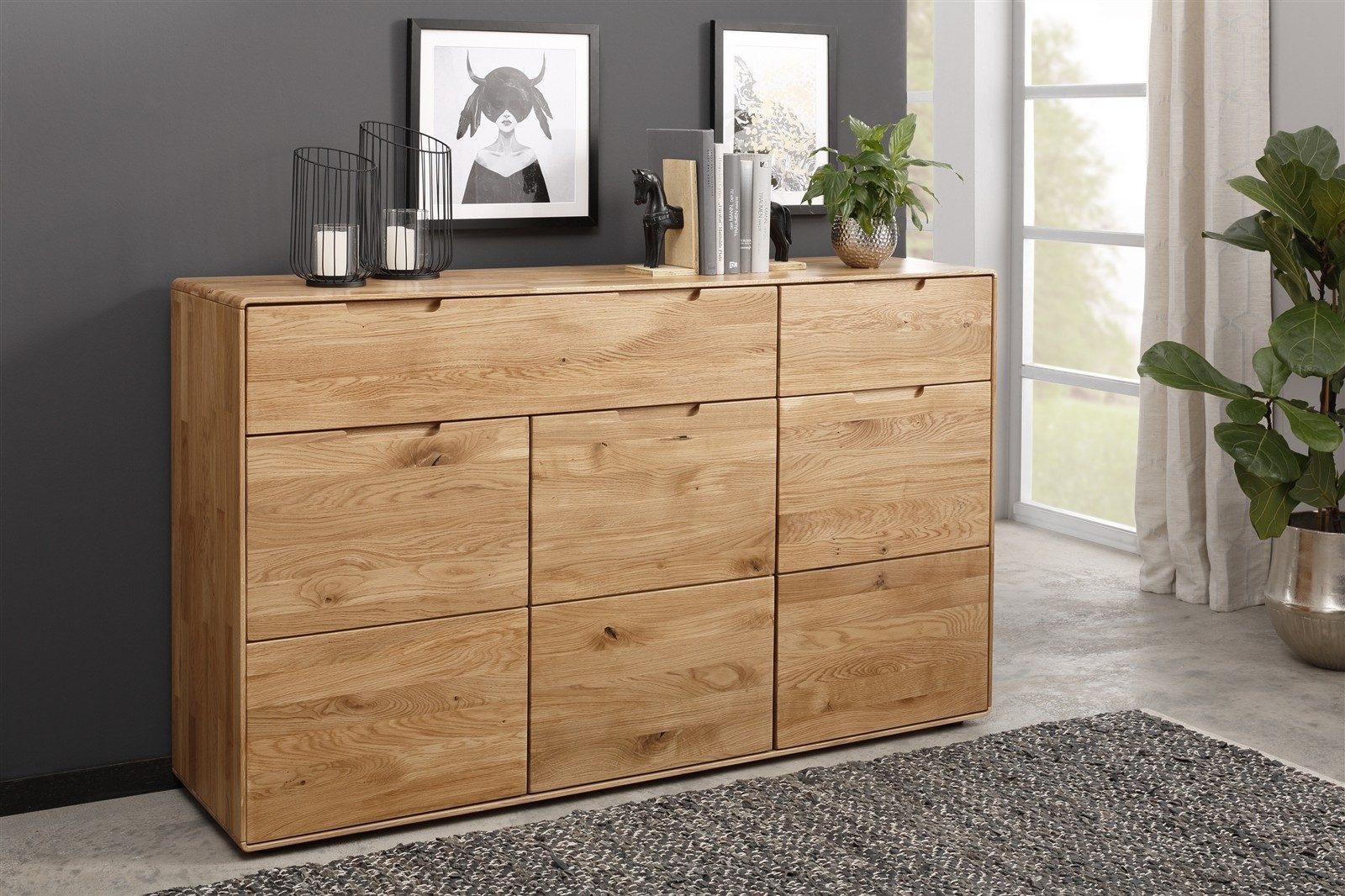 Lebenswert Sideboard KM-0663, 3 Türen, 2 Schübe, Kernbuche massiv geölt - 149x91x40cm (BxHxT)