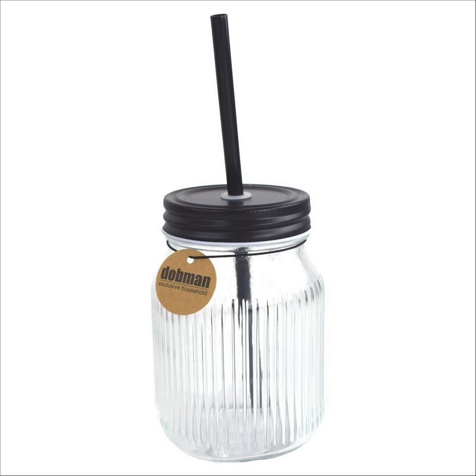 Glas Glas mit Deckel in Schwarz ca. 0,45 L Trinkglas gestreift Trinkgefäß,  Glas, Metall und Kunststoff, gestreifte Glas-Optik