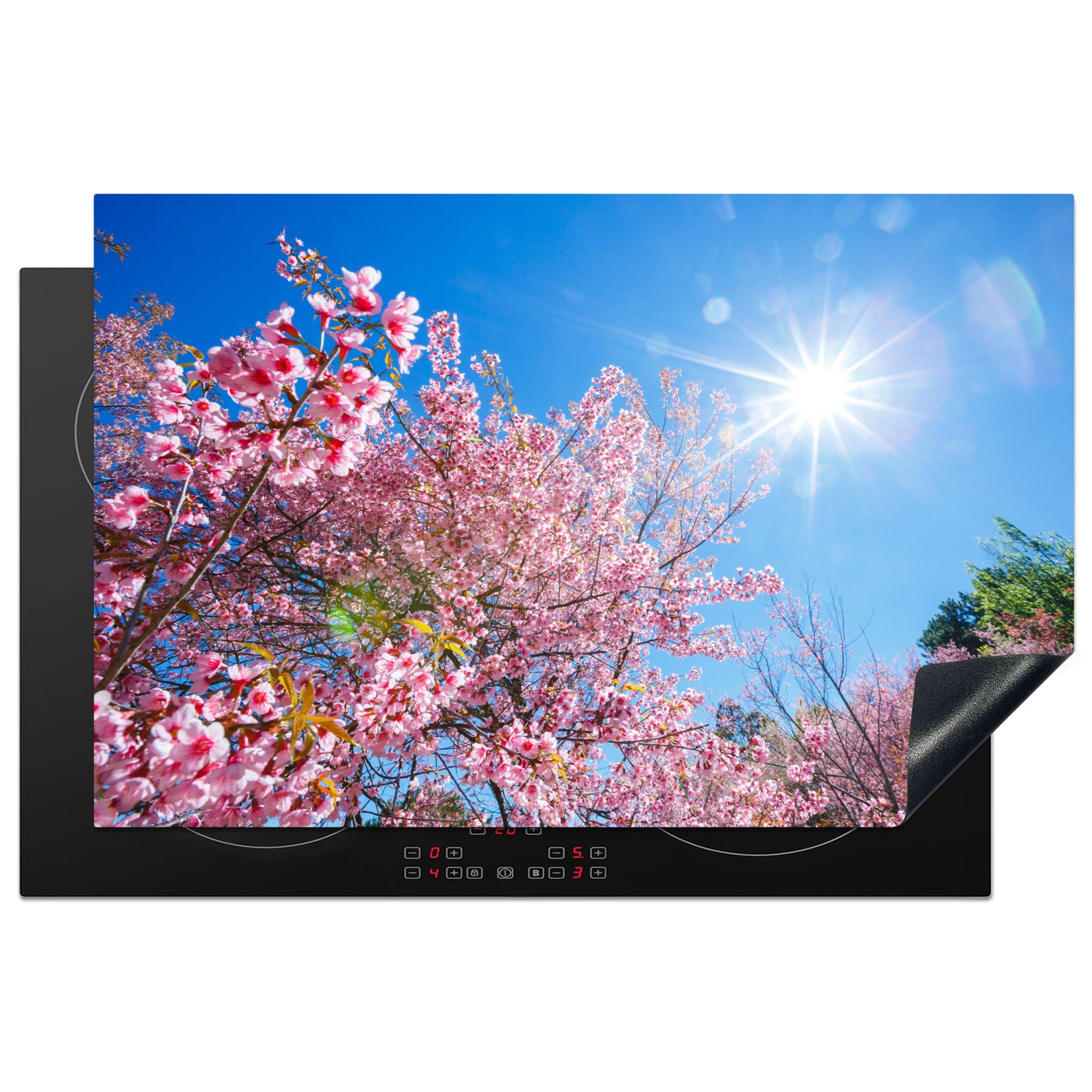 MuchoWow Herdblende-/Abdeckplatte Sakura - Blumen - Rosa, Vinyl, (1 tlg), 81x52 cm, Induktionskochfeld Schutz für die küche, Ceranfeldabdeckung