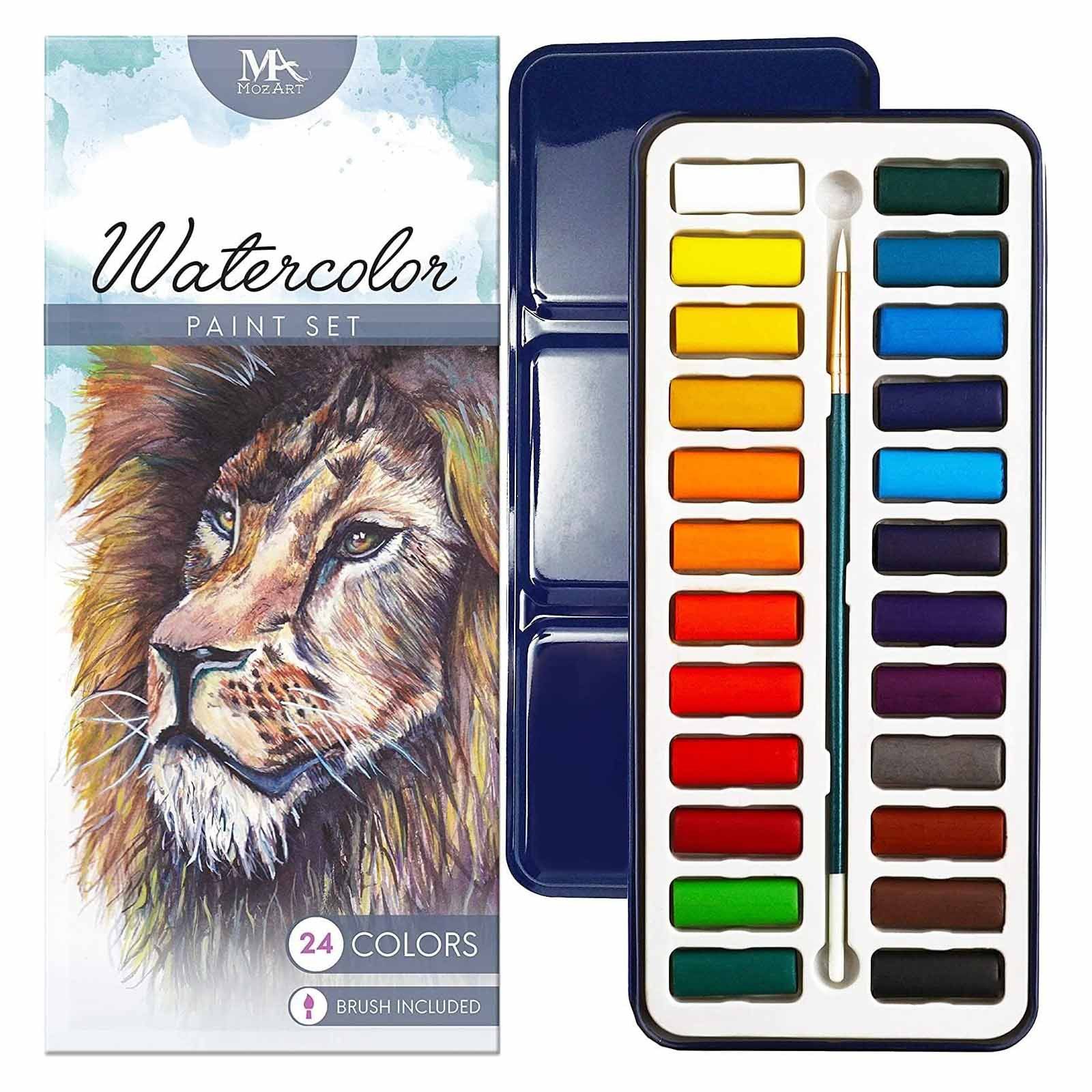 MozArt Supplies Wasserfarbe Aquarellfarben-Set Aquarellkasten Wasserfarben Kasten, 24 lebendige Farben in Metallbox