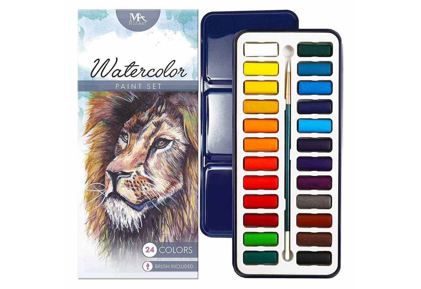 MozArt Supplies Wasserfarbe Aquarellfarben-Set Aquarellkasten Wasserfarben Kasten, 24 lebendige Farben in Metallbox