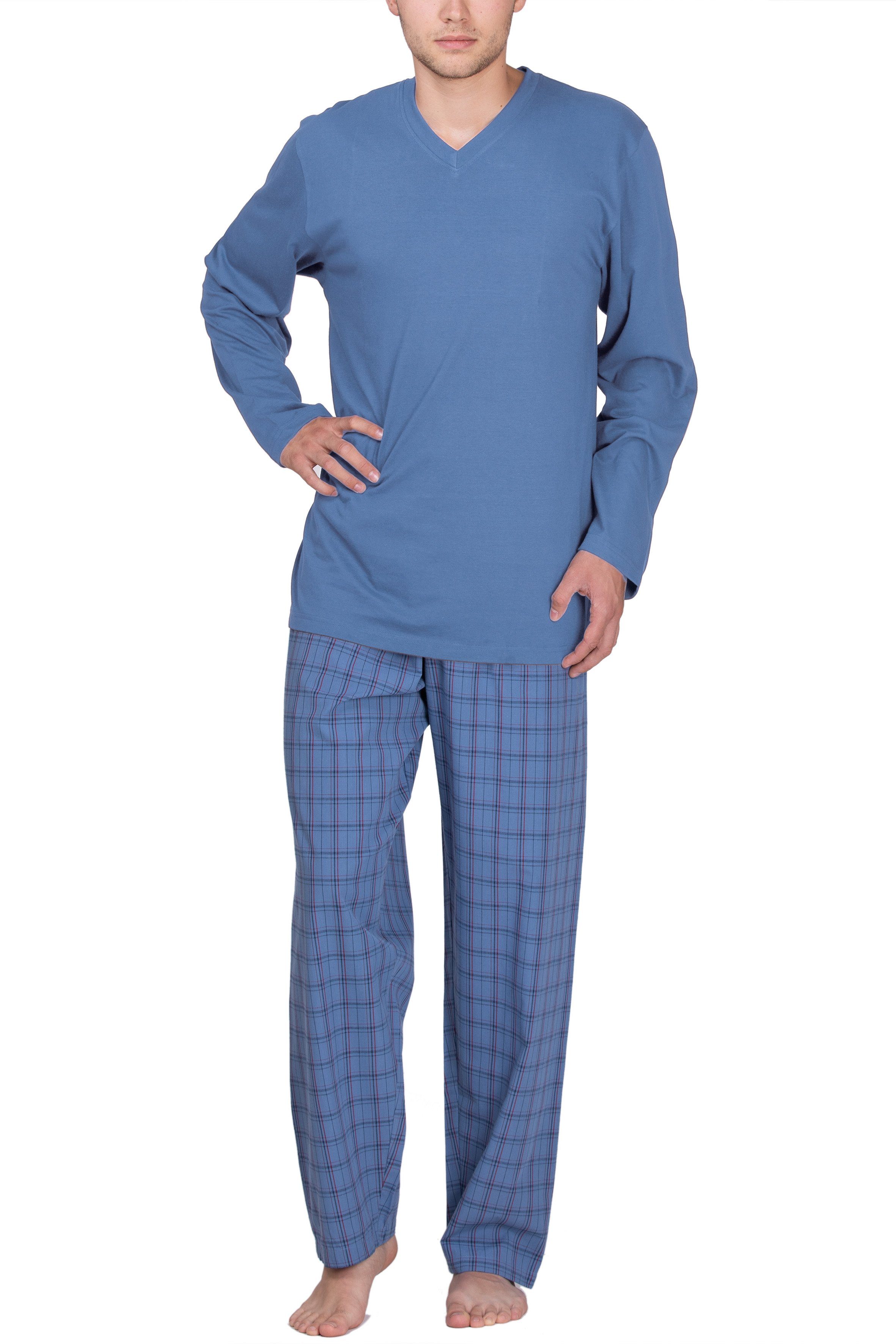 Moonline Pyjama Herren Schlafanzug mit Webhose aus 100% Baumwolle