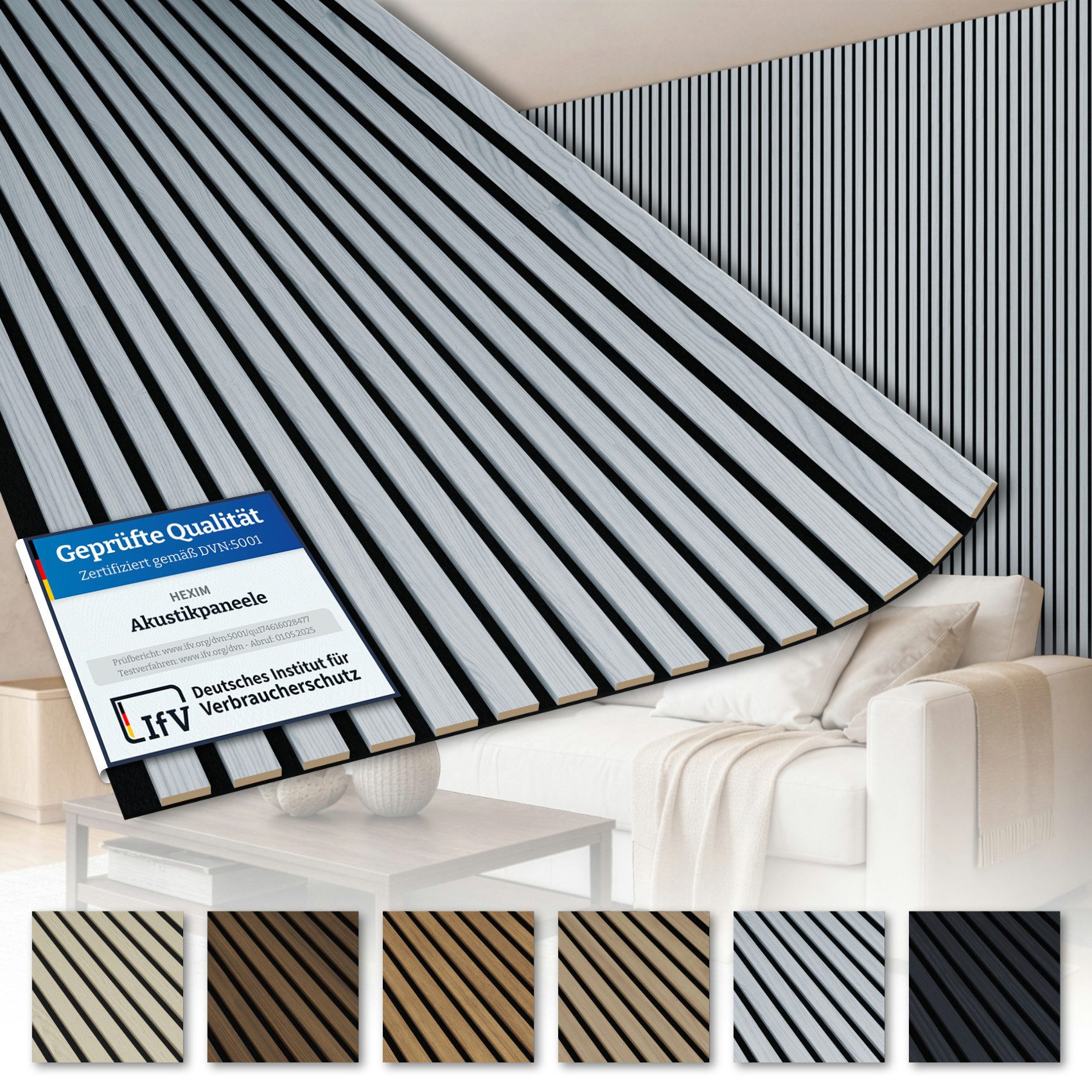 AKUSTIKO Wanddekoobjekt (Lamella Akustikpaneele 4 Stück 280x60cm - flexible Filz MDF Wandpaneele fugenlos - überlappende Holz Lamellenwand, Paneel grau - Akustik Wandverkleidung von HEXIM (6.72m² Grey Ash)