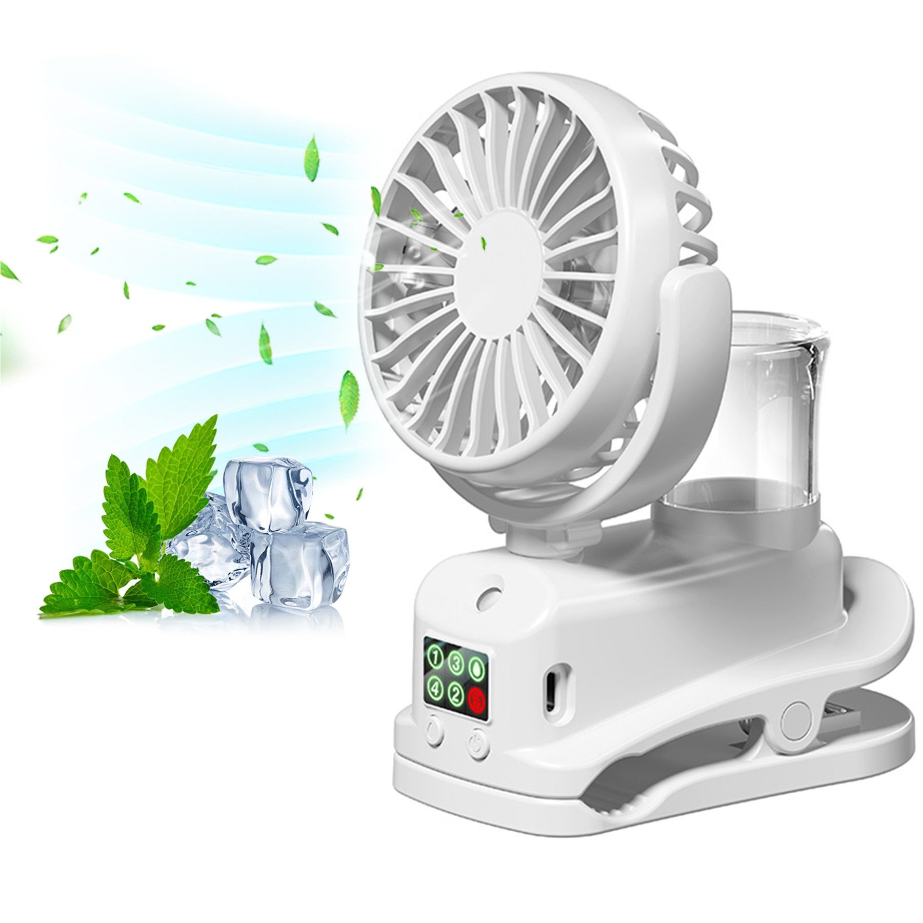 Senmudi Mini USB-Ventilator Tragbarer Mini Ventilator mit Kühlen Nebel und Aufladbarem Batterie, 4 Geschwindigkeiten Wind Tischventilator mit Clip,1200MAH für Büro