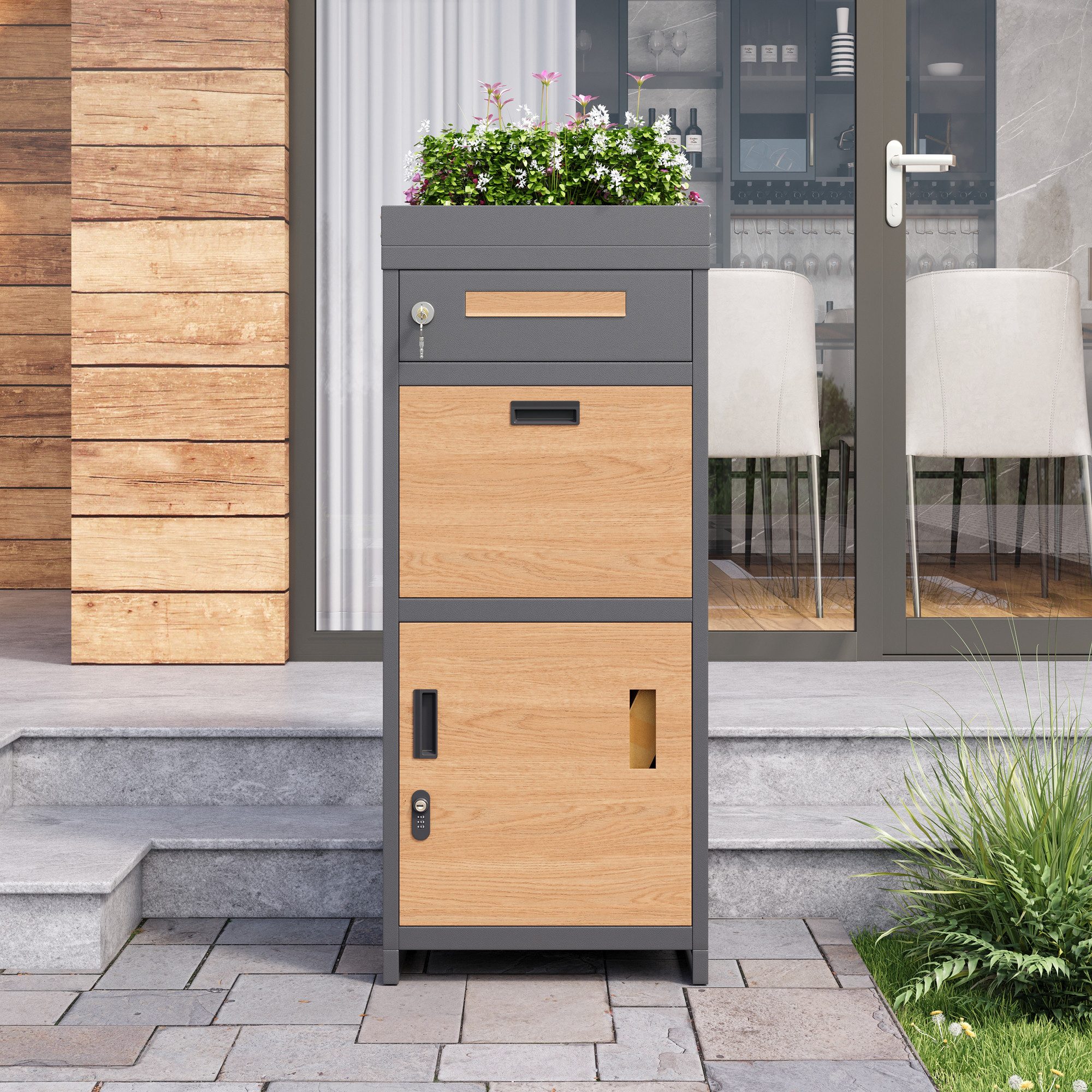 MODFU Paketbox Briefkasten-Schrank 50x37x118,5 cm mit Pflanzwanne (Set, 1-St., Integriertes Blumenbeet für den Eingangsbereich), Abschließbar für Pakete & Briefe, Bistrotisch-Optik