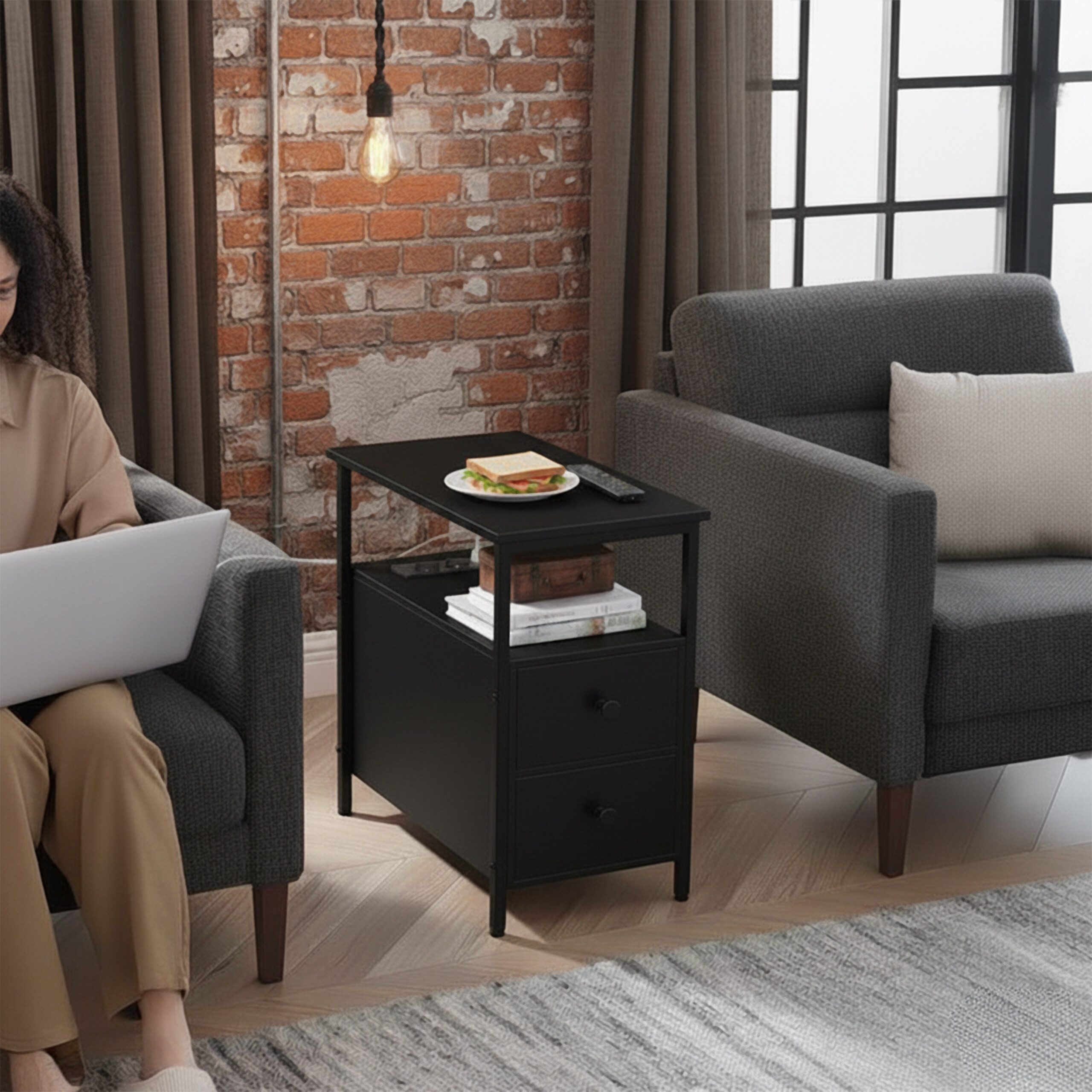 relaxdays Beistelltisch mit Steckdose, schwarz günstig online kaufen