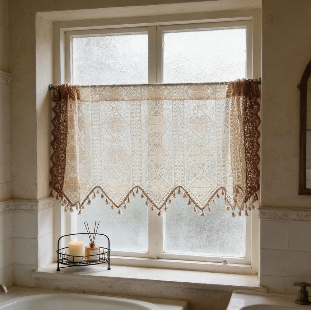 Agger Scheibengardine Französischer Spitzen-Türvorhang,Stangendurchzug, halbtransparent, maschinenwaschbar,für Schlafzimmer und Küche, Schrankdekoration – Bild 3 von 5