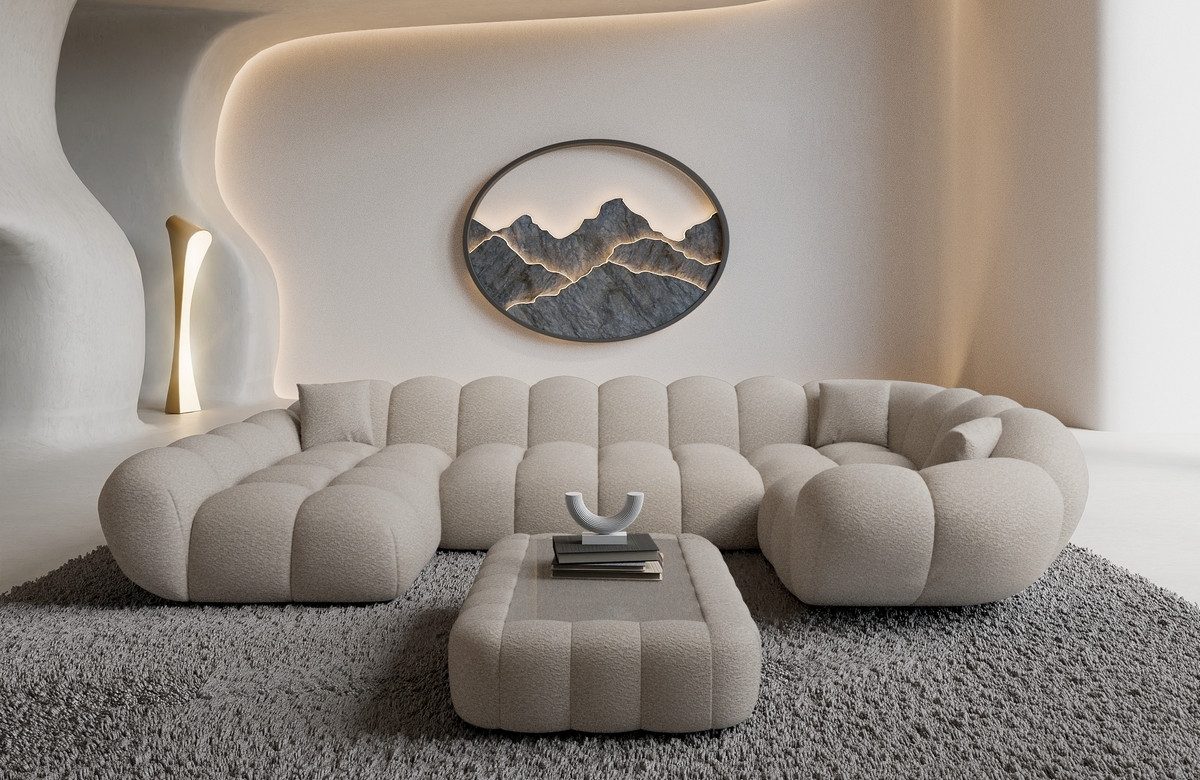 Sofa Dreams Wohnlandschaft Maleron U Form Design Stoffsofa, Polstersofa, 6-Sitzer, Ottomane links, Boucléstoff Pearl
