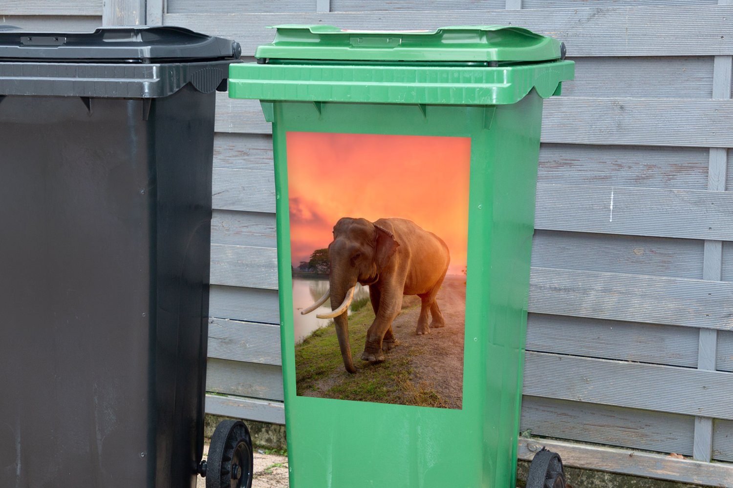 MuchoWow Wandsticker Elefant - Wasser Abfalbehälter St), Natur Container, - Mülleimer-aufkleber, (1 Tiere Mülltonne, - - Sticker, Sonnenuntergang