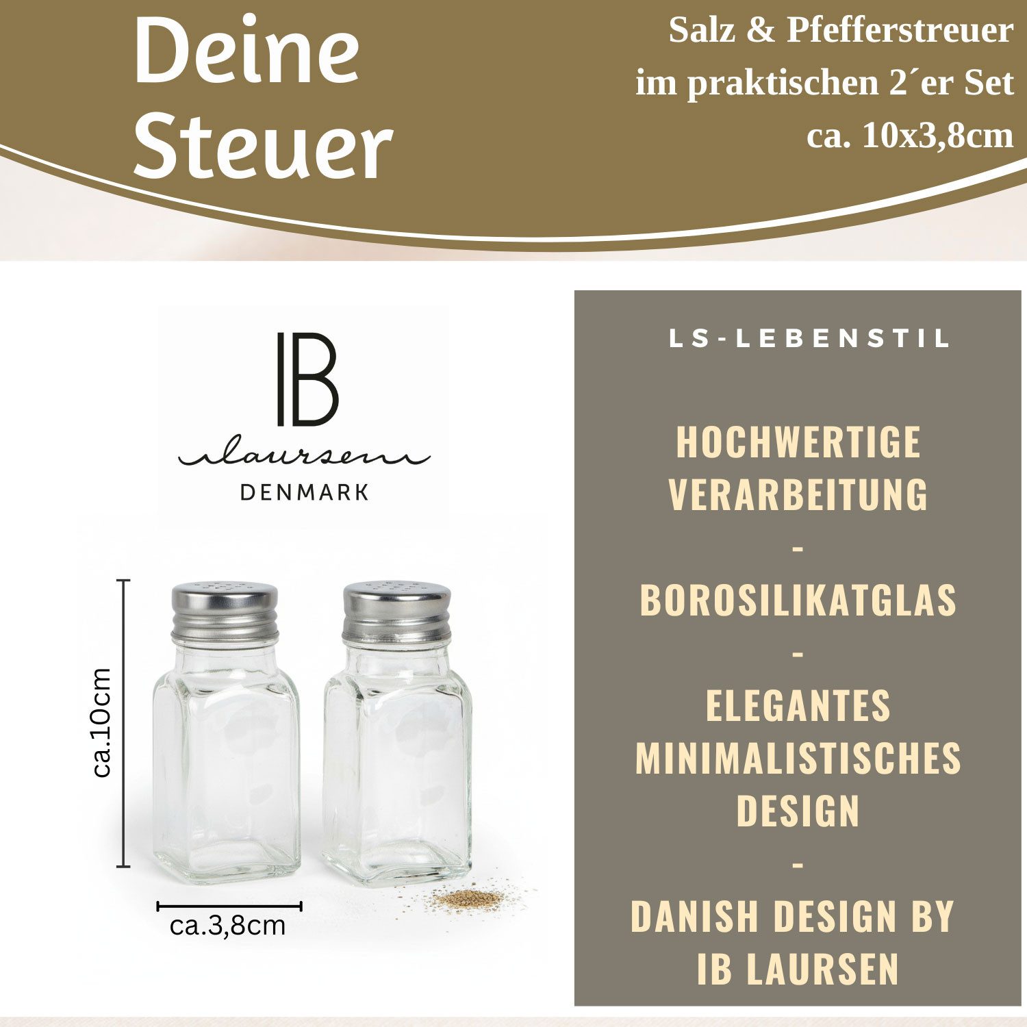 LS-LebenStil Salz- / Pfefferstreuer 2-fach Glas Salzstreuer Pfefferstreuer Set 10cm Silber / Transparent, (Bistro Borosilikatglas Silber Transparent Durchsichtig - Tischset Salt & Pepper - Edelstahldeckel für Salz und Pfeffer Geschenk Einzug Einweihung, 2-tlg)