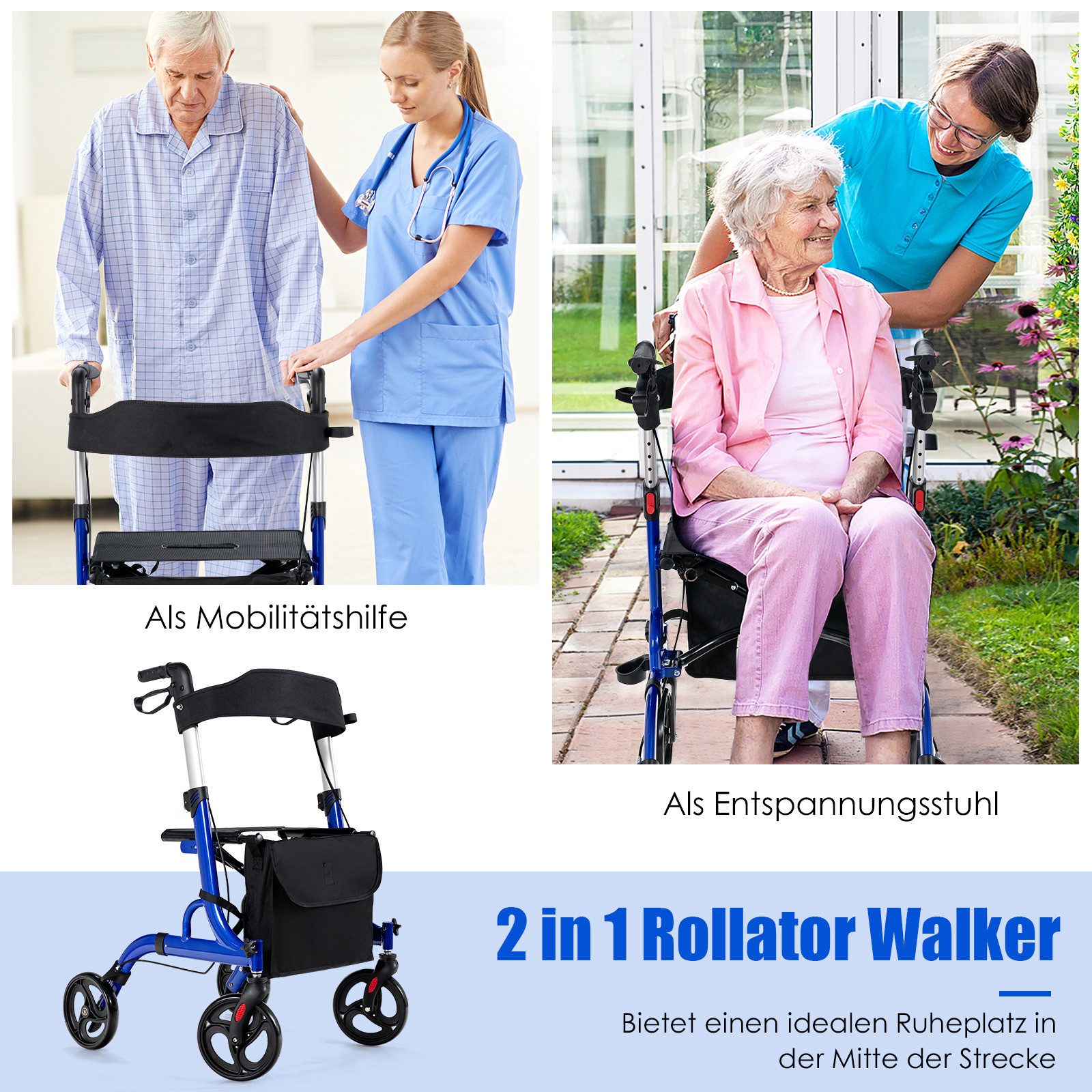 COSTWAY Rollator, mit Sitz & höhenverstellbaren Griffen, bis 150kg, faltbar