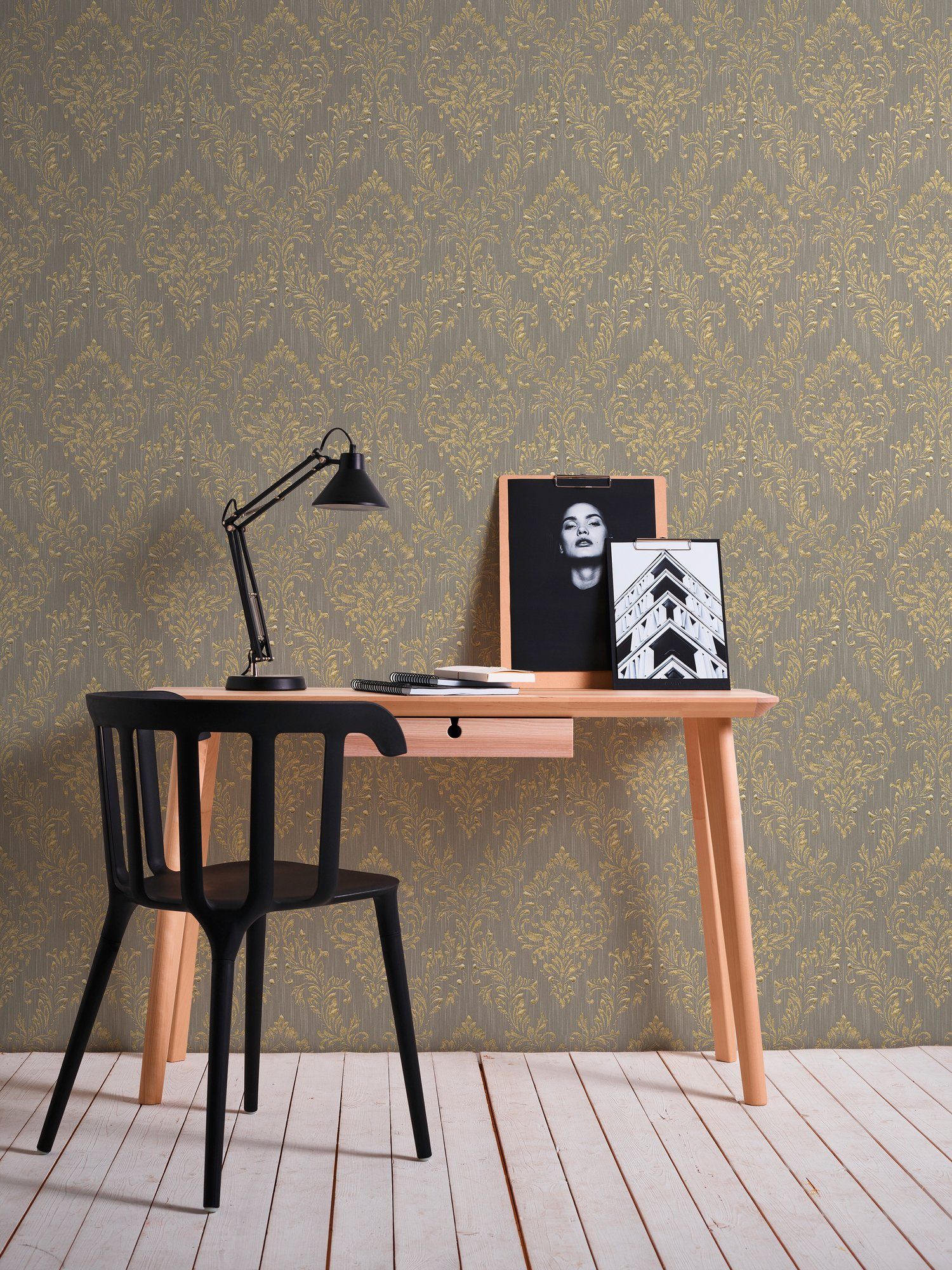 Ornament Tapete gold/dunkelbeige Textiltapete matt, Metallic samtig, Architects Silk, glänzend, Paper Barock Barock,