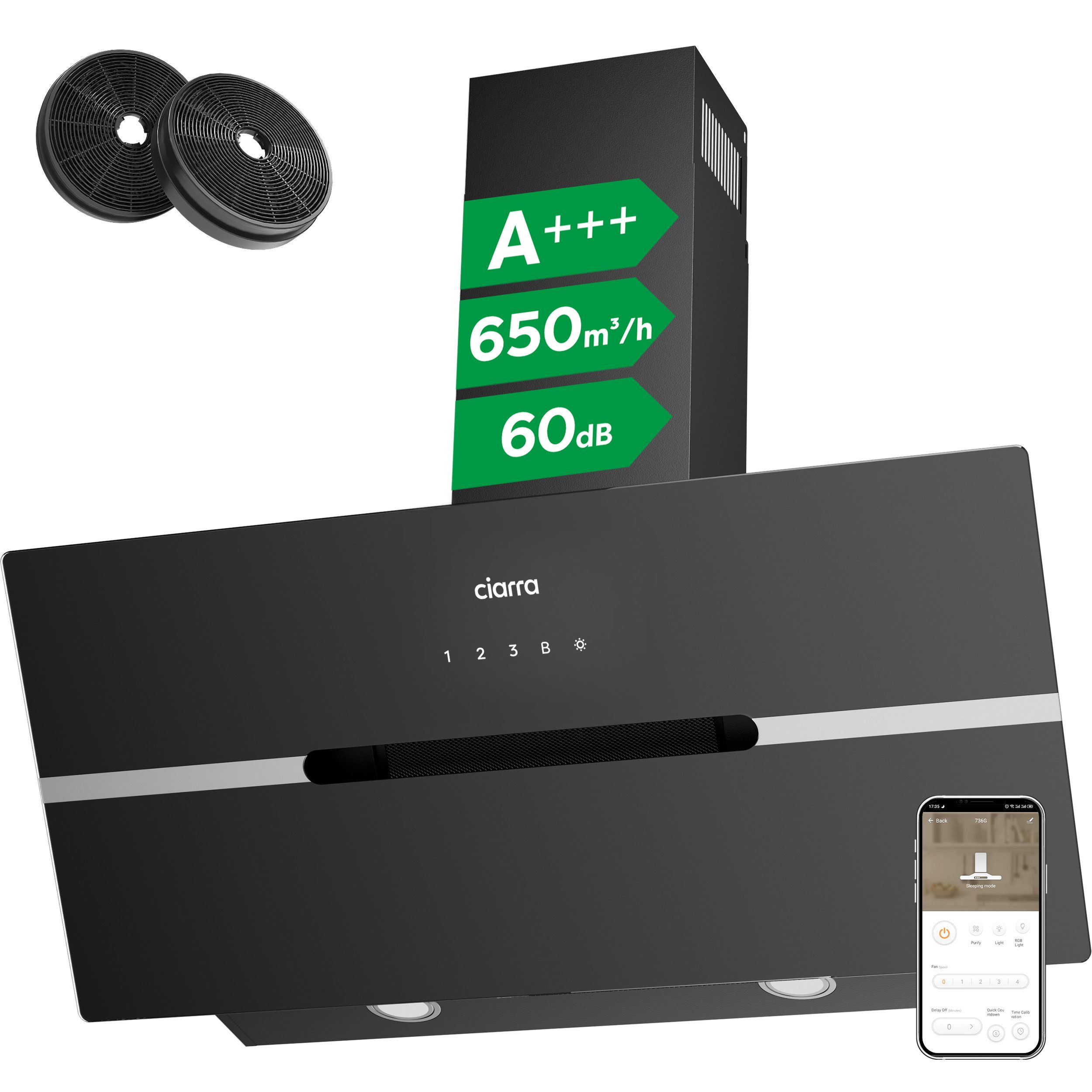 CIARRA Kopffreihaube 90 cm A+++ 650 m³/h Schräghaube leise Umluft & Abluft LED VMB9736F 90 cm A+++ 650 m³/h Schräghaube leise Umluft & Abluft LED VMB9736F, Kopffrei Dunstabzugshaube WIFI-APP Touch Control Inkl. BOOST 4 Stufen