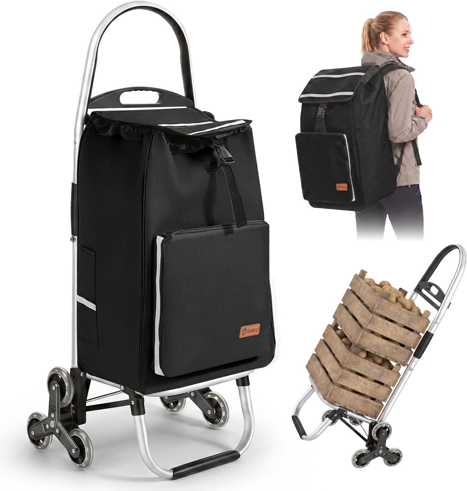 Sekey Einkaufstrolley Treppensteiger klappbar Einkaufswagen 4-in-1 Trolley mit Kühltasche, 60 l, 50L Abnehmbarer Rucksack – flexibel und praktisch