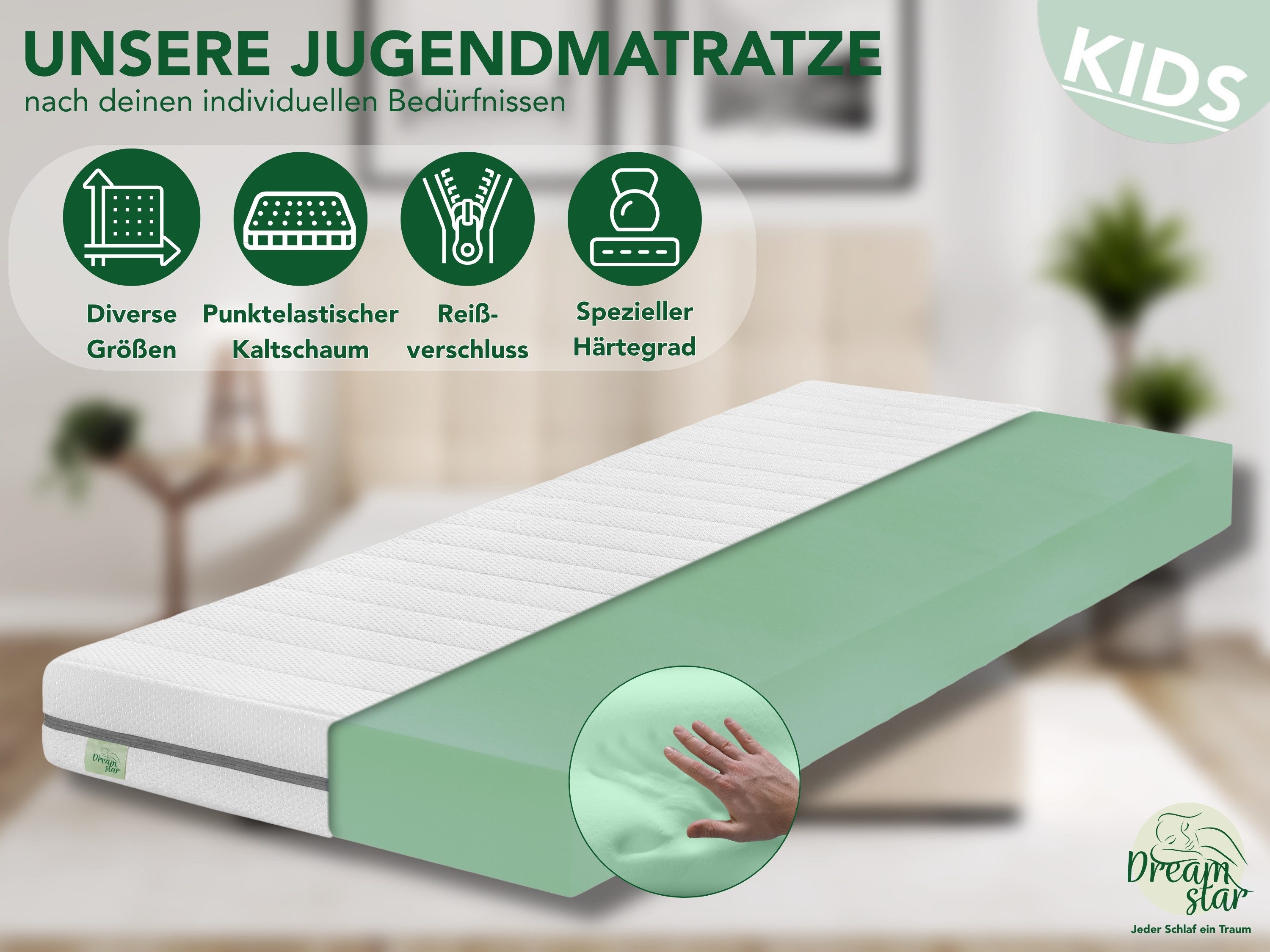 Kindermatratze Babymatratze, Jugendmatratze, Atmungsaktiv & Waschbarer Bezug, Dreamstar, 13 cm hoch, ohne Spannbettlaken (60x120, 70x140, 80x160, 90x200, 120x200, 140x200)