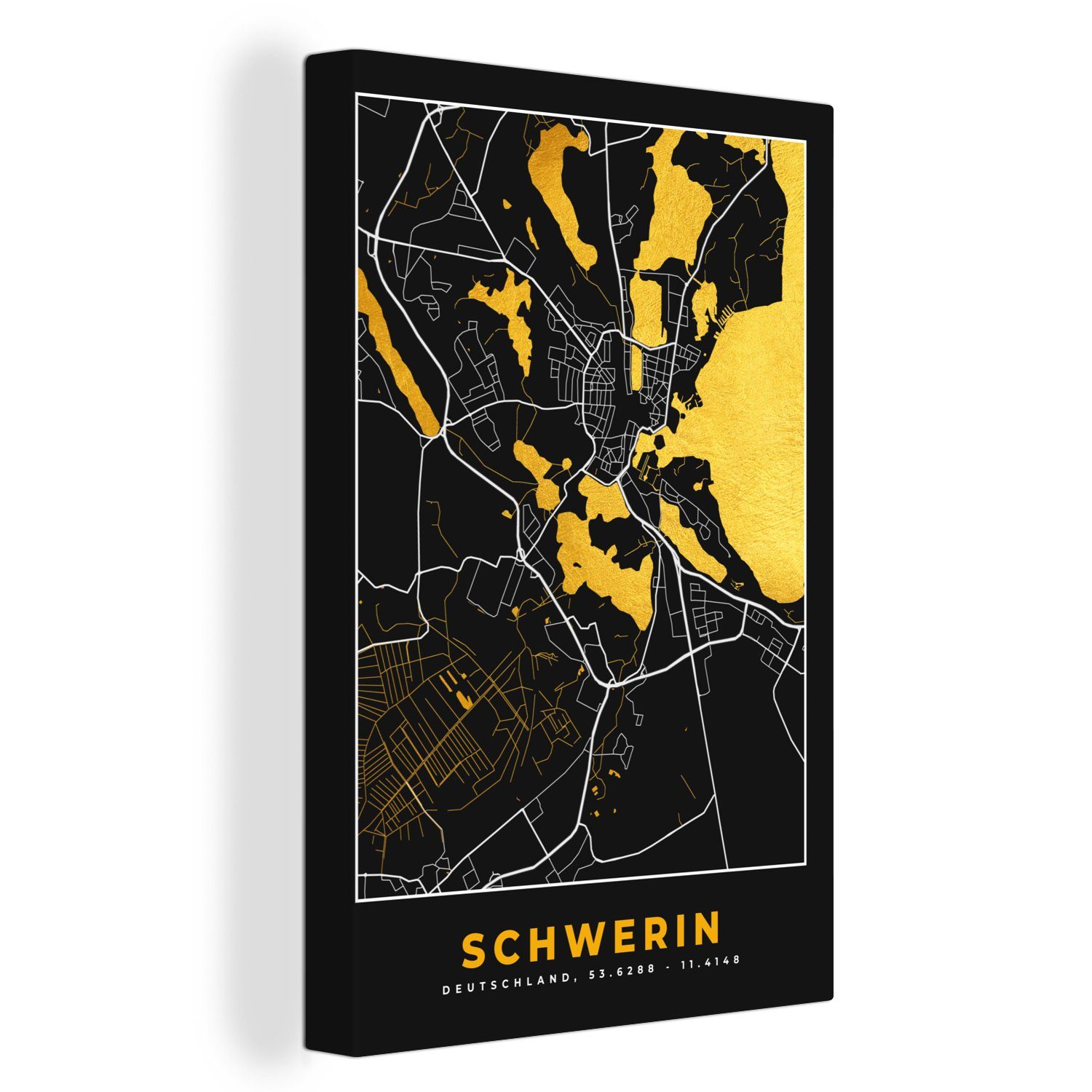 Stadtplan OneMillionCanvasses® Leinwandbild fertig - Leinwandbild (1 Deutschland 20x30 Zackenaufhänger, cm - Karte - Gold, Gemälde, St), - bespannt Schwerin inkl.