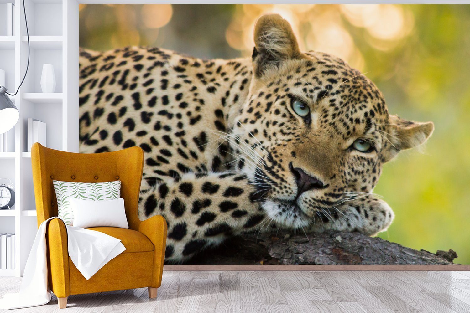 Vinyl - St), Leopard Wallpaper Sonnenuntergang, MuchoWow (6 Fototapete Matt, Schlafzimmer, für Natur bedruckt, Wohnzimmer, Tapete Kinderzimmer, -