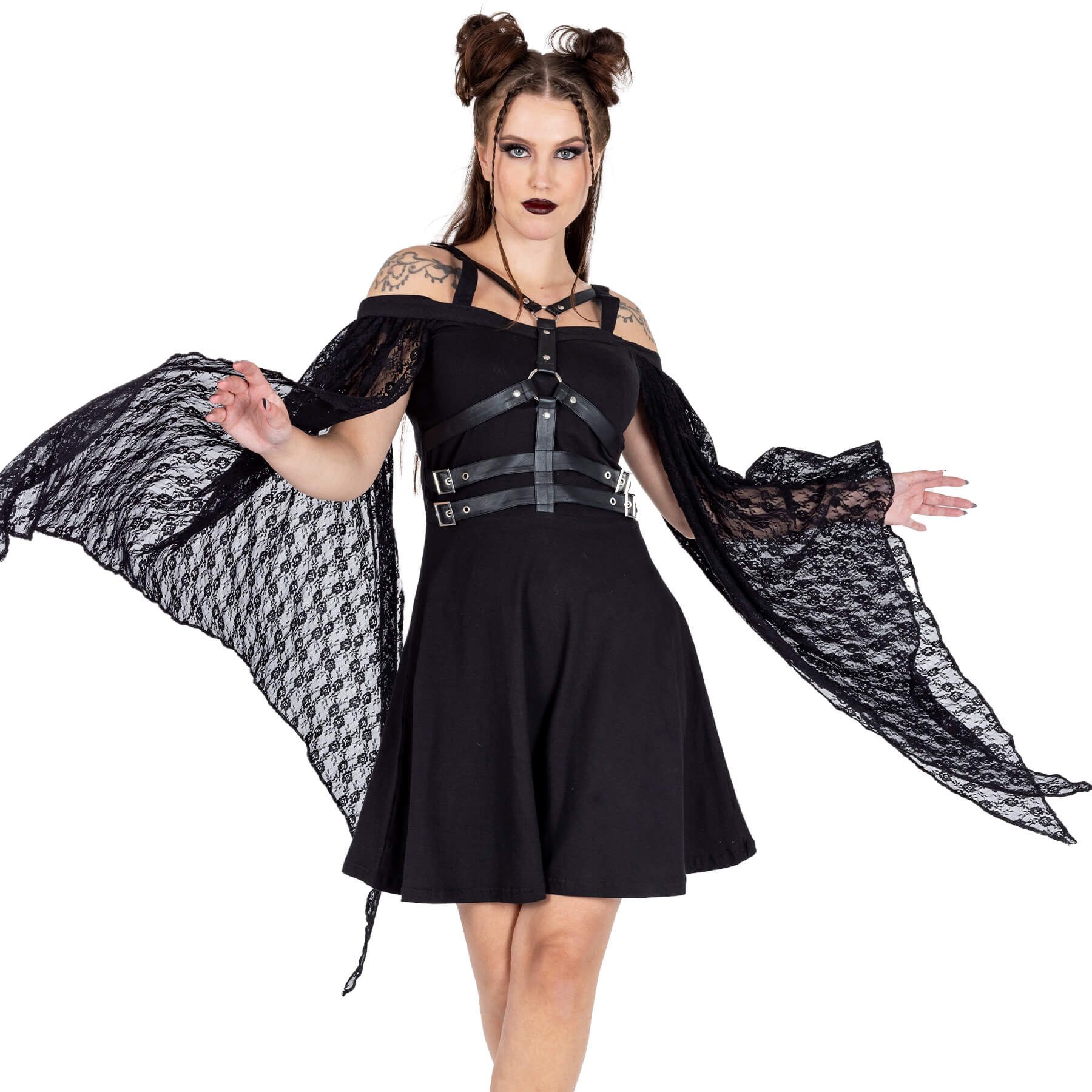 Poizen Industries Minikleid Estelle Gothic Goth Punk Spitze Kunstleder Harness