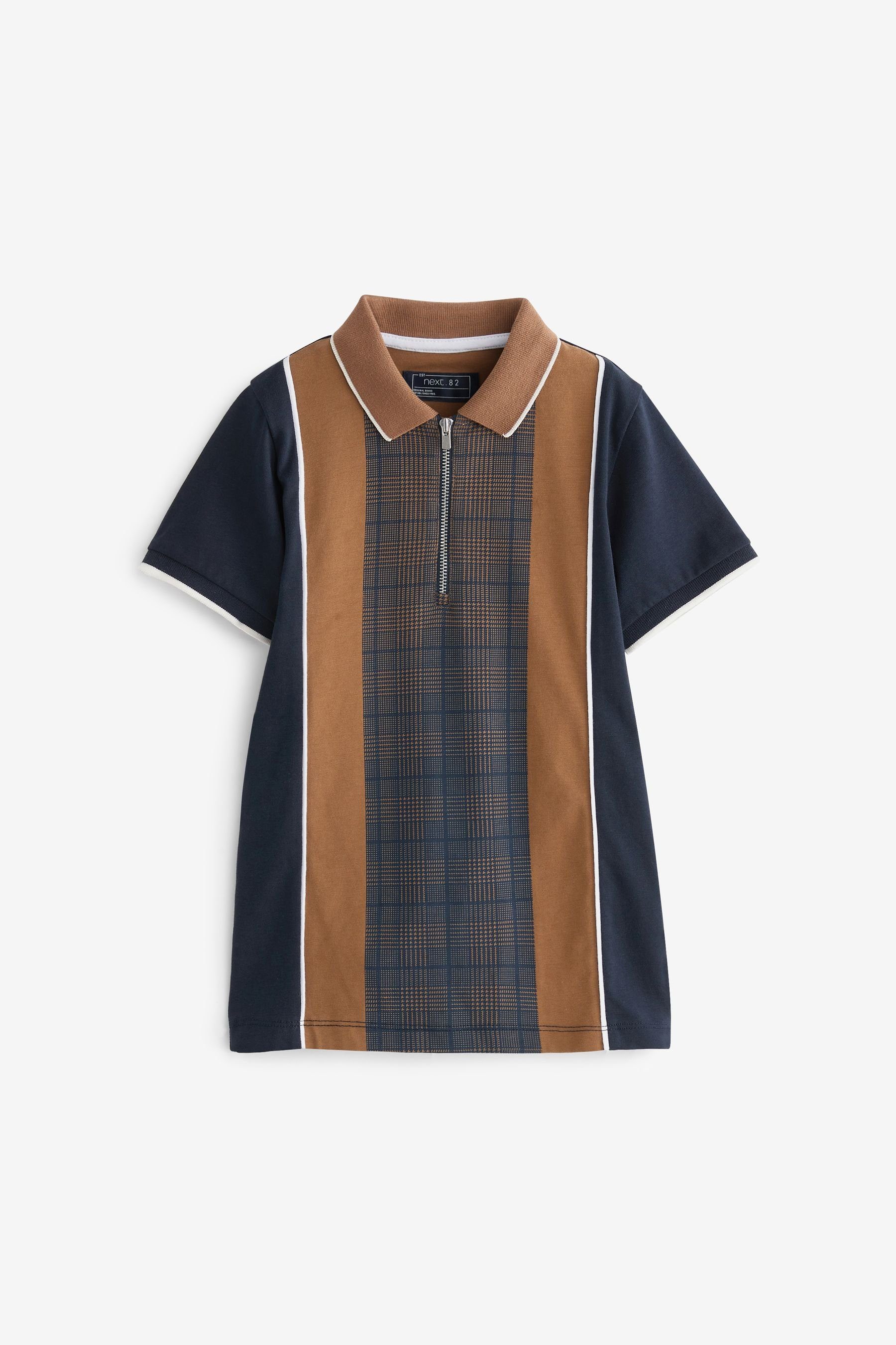 Next Poloshirt Kurzärmeliges Brown/Navy Reißverschluss Stripe mit Vertical (1-tlg) Tan Blue Polohemd