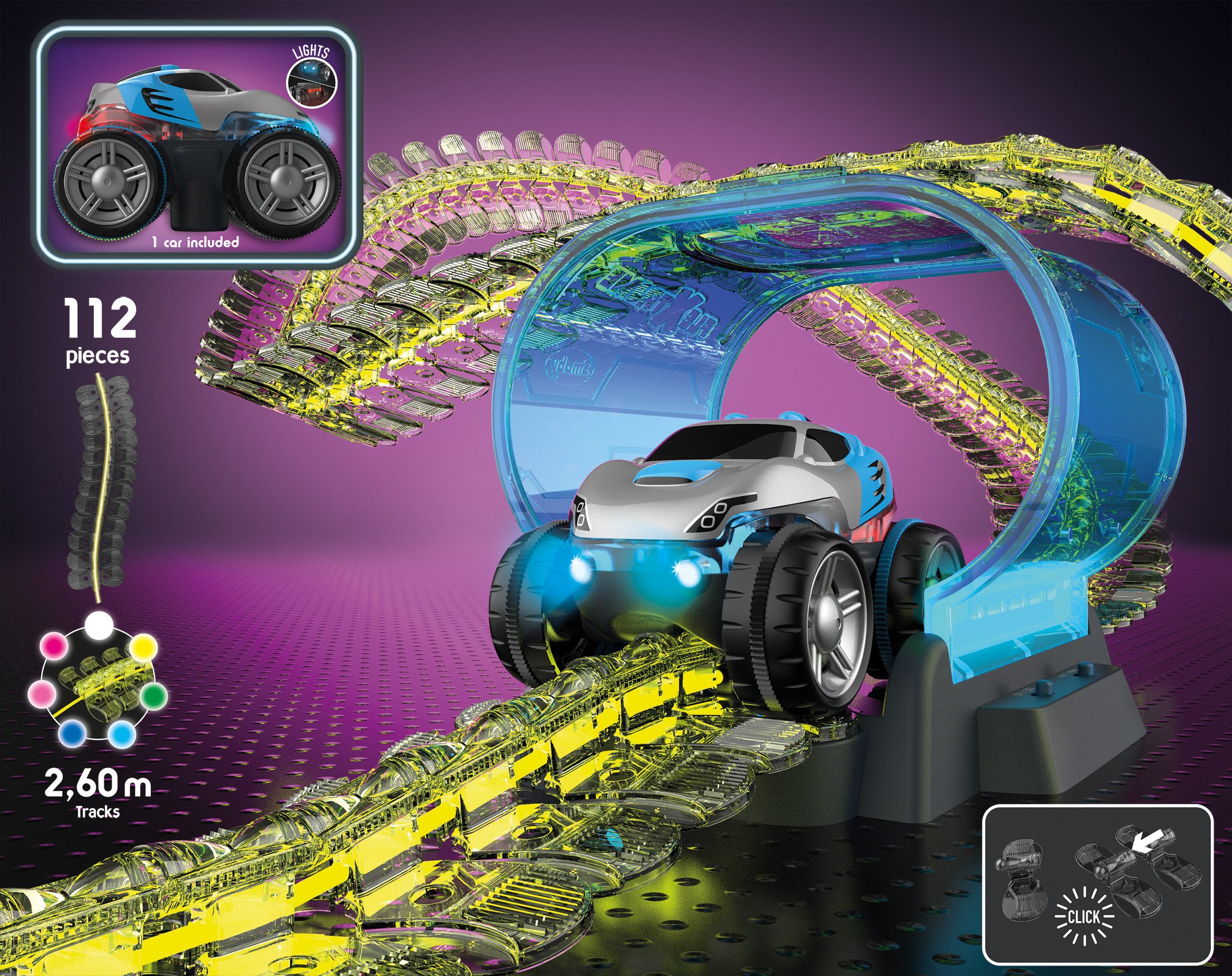 Simba Dickie Autorennbahn Rennbahn Flextreme Neon mit einem Auto 2,6m