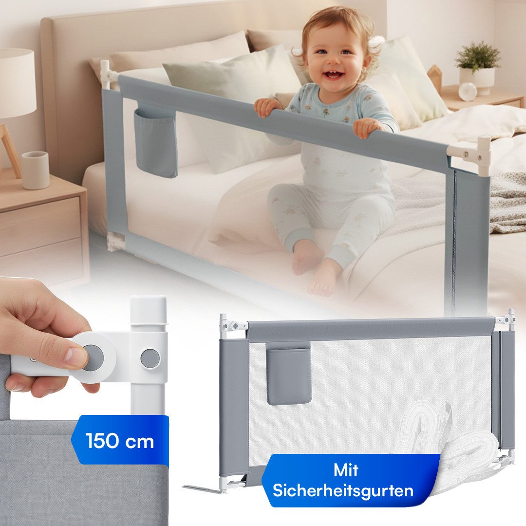Bellabino Bettschutzgitter Drina höhenverstellbar 69–99 cm (150 cm breit, Hellgrau, mit Sicherheitsgurt), Rausfallschutz, klappbar & kombinierbar, verfügbar in B 150/180/200 cm