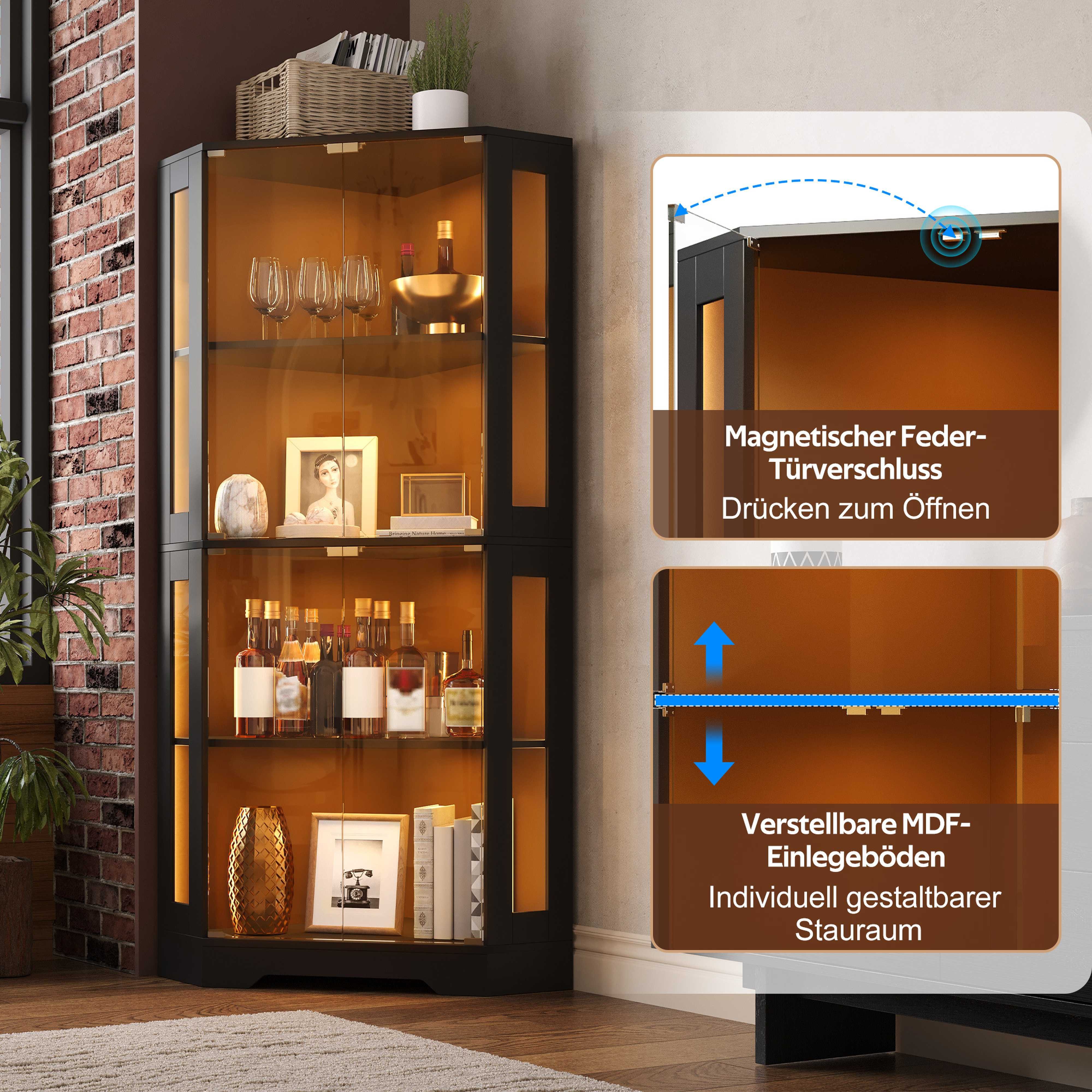 BlingBin Eckvitrine 165cm hoher Glasvitrinenschrank mit LED,Push-to-Open System (2 Packung, 1-St., moderner Weinschrank für Figuren, Sammlerstücke und Wein) 4-stufiger Sicherheitsglas-Eckschrank,für Küche & Esszimmer,Schwarz