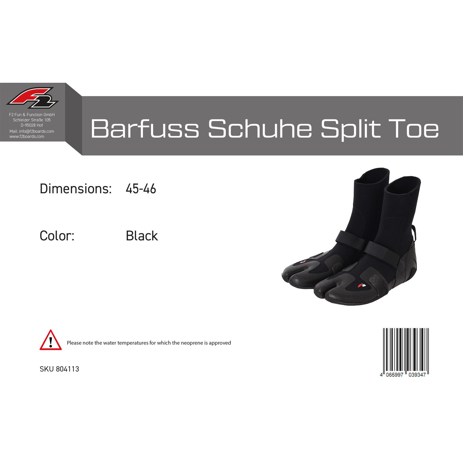 F2 F2 Neopren Schuhe Barfuss Schuhe Split Toe Surfschuhe 45-46 Schwarz Neoprenschuh