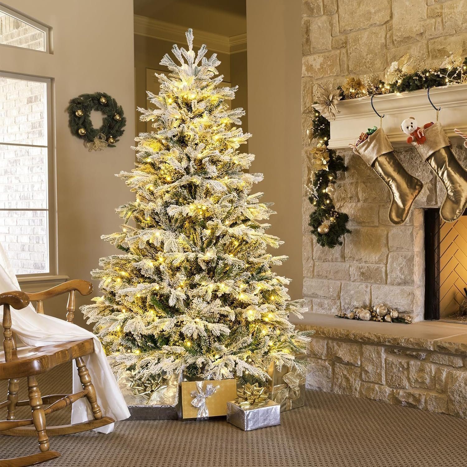 JUNG Künstlicher Weihnachtsbaum Künstlicher Spritzguss Weihnachtsbaum mit Beleuchtung + Schnee 2,10m, Edeltanne, Nordmanntanne Premium Edel, Baum Tanne, Christbaum + Ständer Новогодние елки künstlich mit Licht Nordmann